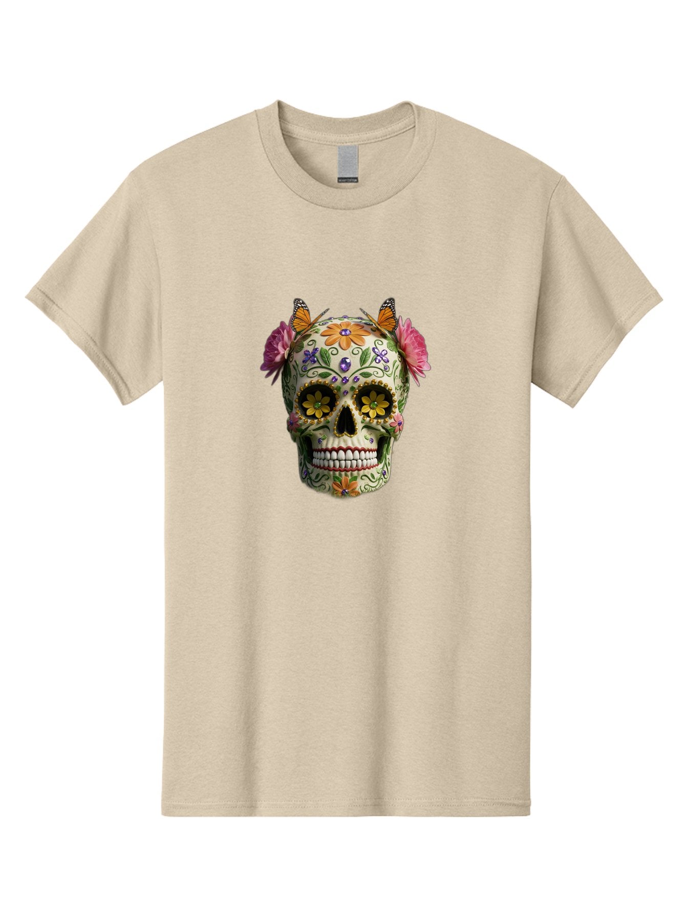 Sugar-Skull-23 Men'S Graphic Tee, 100% Cotton, Comfortable Casual Summer Wear, Machine Washable, Sugar Skull, Floral Designs, Vibrant Colors, Butterfly Decorations, Day Of The Dead, Mexican Culture, Festive Atmosphere, Colorful Flowers, Bad773 12