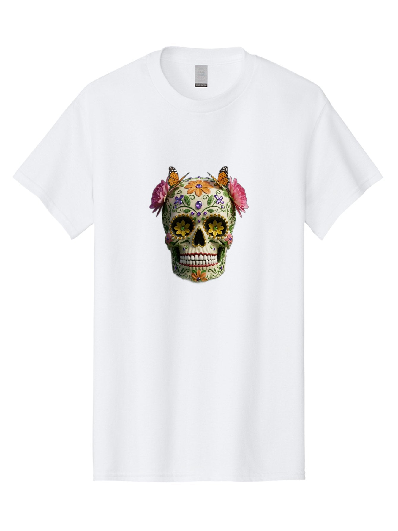 Sugar-Skull-23 Men'S Graphic Tee, 100% Cotton, Comfortable Casual Summer Wear, Machine Washable, Sugar Skull, Floral Designs, Vibrant Colors, Butterfly Decorations, Day Of The Dead, Mexican Culture, Festive Atmosphere, Colorful Flowers, Bad773 11