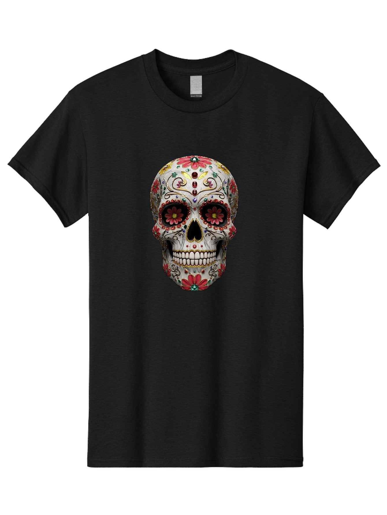 Sugar-Skull-24 Men'S Graphic Tee, 100% Cotton, Comfortable Casual Summer Wear, Machine Washable, Sugar Skull, Decorative Skull, Floral Designs, Red Flowers, Gold Accents, Day Of The Dead, Mexican Culture, Vibrant Colors, Intricate Details, Bad774 5