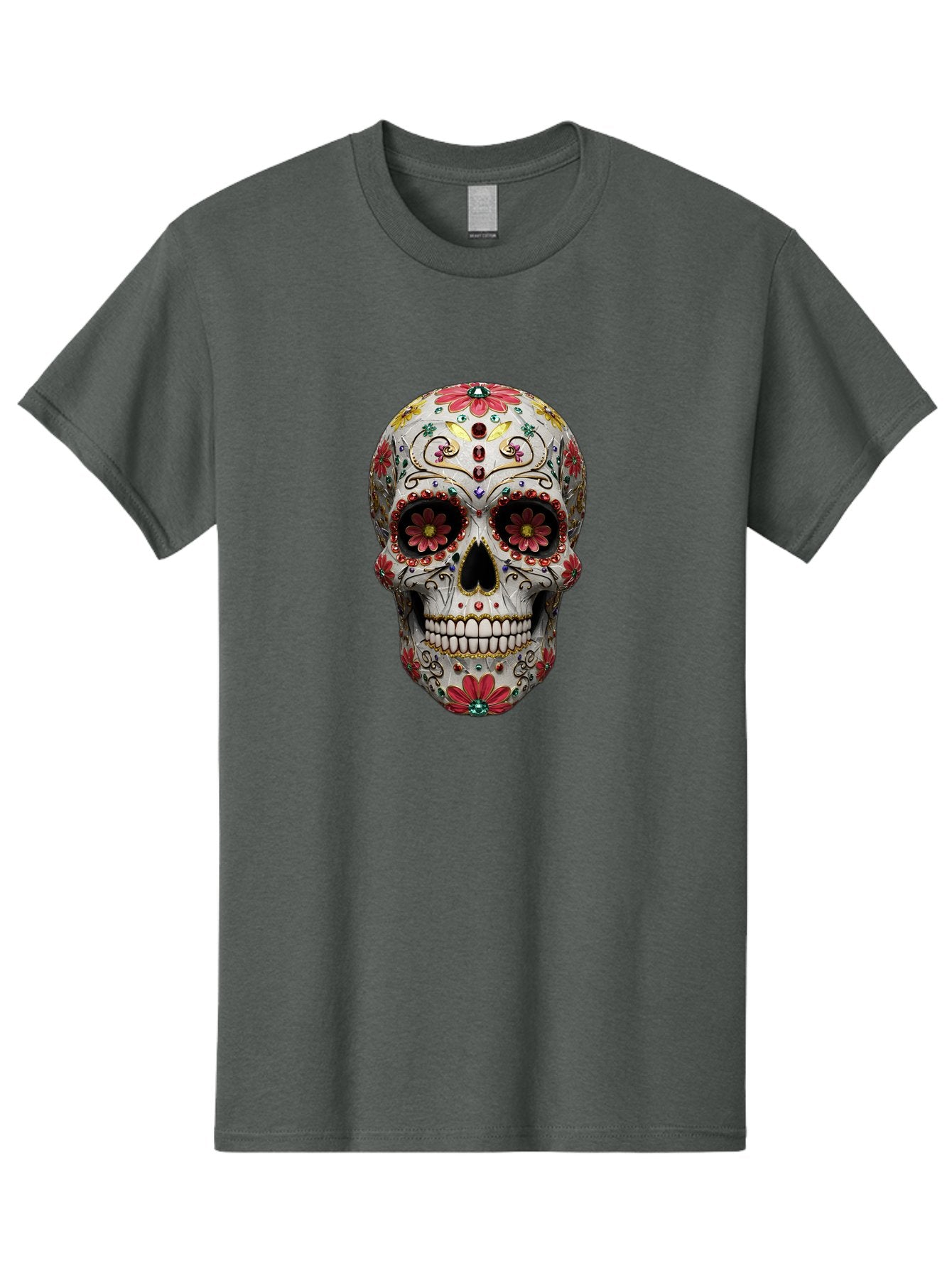 Sugar-Skull-24 Men'S Graphic Tee, 100% Cotton, Comfortable Casual Summer Wear, Machine Washable, Sugar Skull, Decorative Skull, Floral Designs, Red Flowers, Gold Accents, Day Of The Dead, Mexican Culture, Vibrant Colors, Intricate Details, Bad774 6