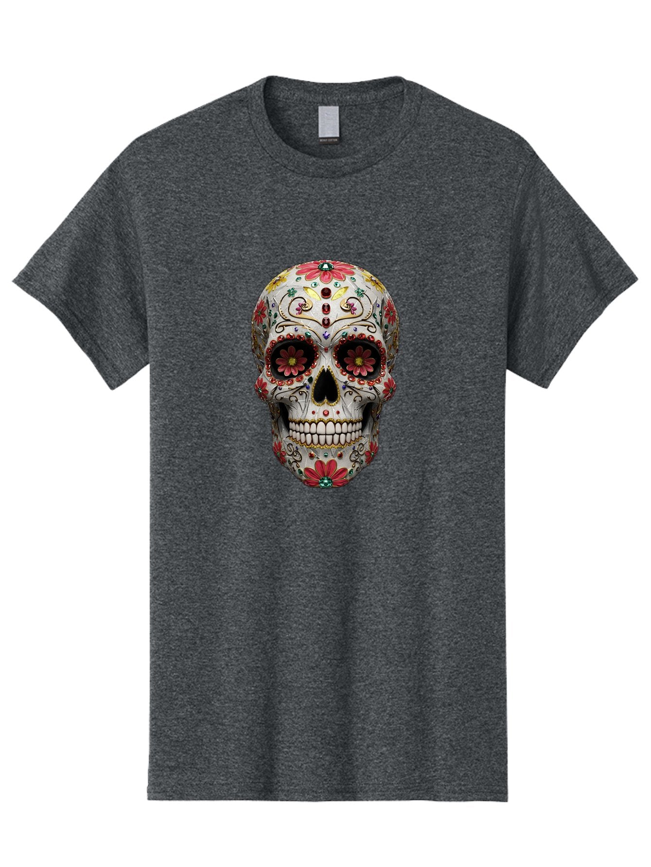 Sugar-Skull-24 Men'S Graphic Tee, 100% Cotton, Comfortable Casual Summer Wear, Machine Washable, Sugar Skull, Decorative Skull, Floral Designs, Red Flowers, Gold Accents, Day Of The Dead, Mexican Culture, Vibrant Colors, Intricate Details, Bad774 3