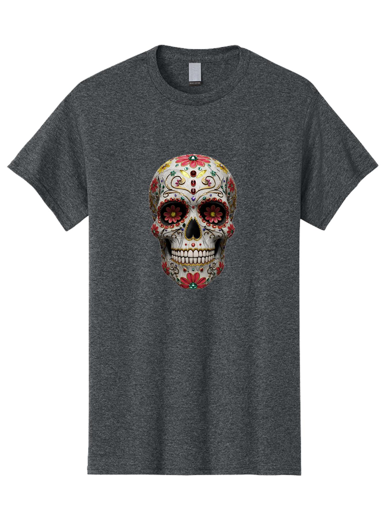 Sugar-Skull-24 Men'S Graphic Tee, 100% Cotton, Comfortable Casual Summer Wear, Machine Washable, Sugar Skull, Decorative Skull, Floral Designs, Red Flowers, Gold Accents, Day Of The Dead, Mexican Culture, Vibrant Colors, Intricate Details, Bad774 9