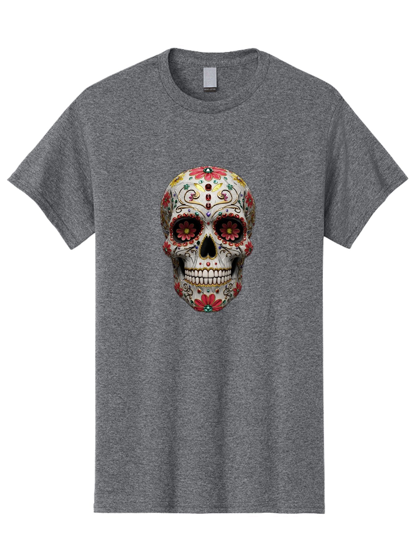 Sugar-Skull-24 Men'S Graphic Tee, 100% Cotton, Comfortable Casual Summer Wear, Machine Washable, Sugar Skull, Decorative Skull, Floral Designs, Red Flowers, Gold Accents, Day Of The Dead, Mexican Culture, Vibrant Colors, Intricate Details, Bad774 11