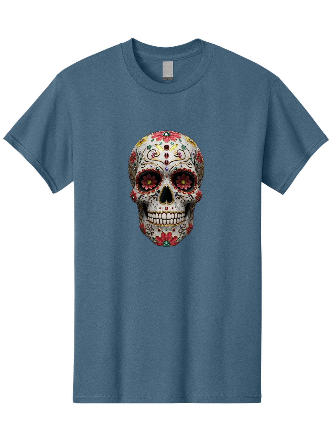 Sugar-Skull-24 Men'S Graphic Tee, 100% Cotton, Comfortable Casual Summer Wear, Machine Washable, Sugar Skull, Decorative Skull, Floral Designs, Red Flowers, Gold Accents, Day Of The Dead, Mexican Culture, Vibrant Colors, Intricate Details, Bad774 14