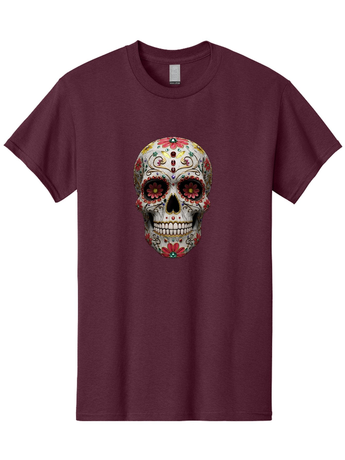 Sugar-Skull-24 Men'S Graphic Tee, 100% Cotton, Comfortable Casual Summer Wear, Machine Washable, Sugar Skull, Decorative Skull, Floral Designs, Red Flowers, Gold Accents, Day Of The Dead, Mexican Culture, Vibrant Colors, Intricate Details, Bad774