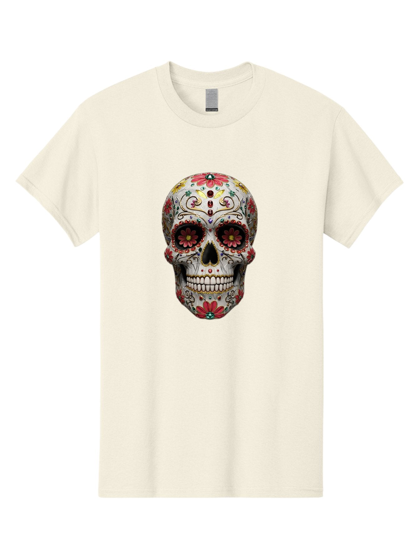 Sugar-Skull-24 Men'S Graphic Tee, 100% Cotton, Comfortable Casual Summer Wear, Machine Washable, Sugar Skull, Decorative Skull, Floral Designs, Red Flowers, Gold Accents, Day Of The Dead, Mexican Culture, Vibrant Colors, Intricate Details, Bad774 15
