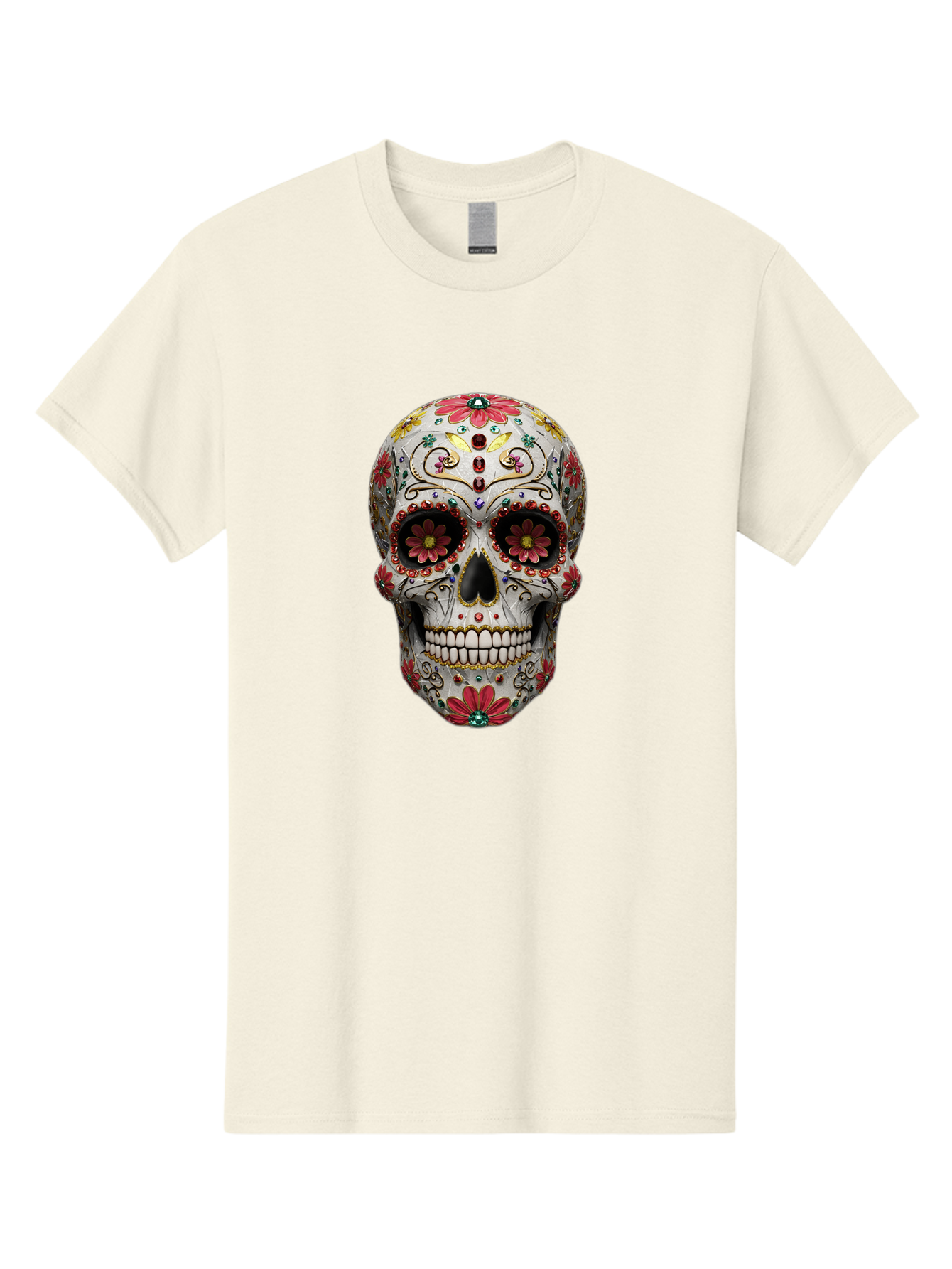 Sugar-Skull-24 Men'S Graphic Tee, 100% Cotton, Comfortable Casual Summer Wear, Machine Washable, Sugar Skull, Decorative Skull, Floral Designs, Red Flowers, Gold Accents, Day Of The Dead, Mexican Culture, Vibrant Colors, Intricate Details, Bad774