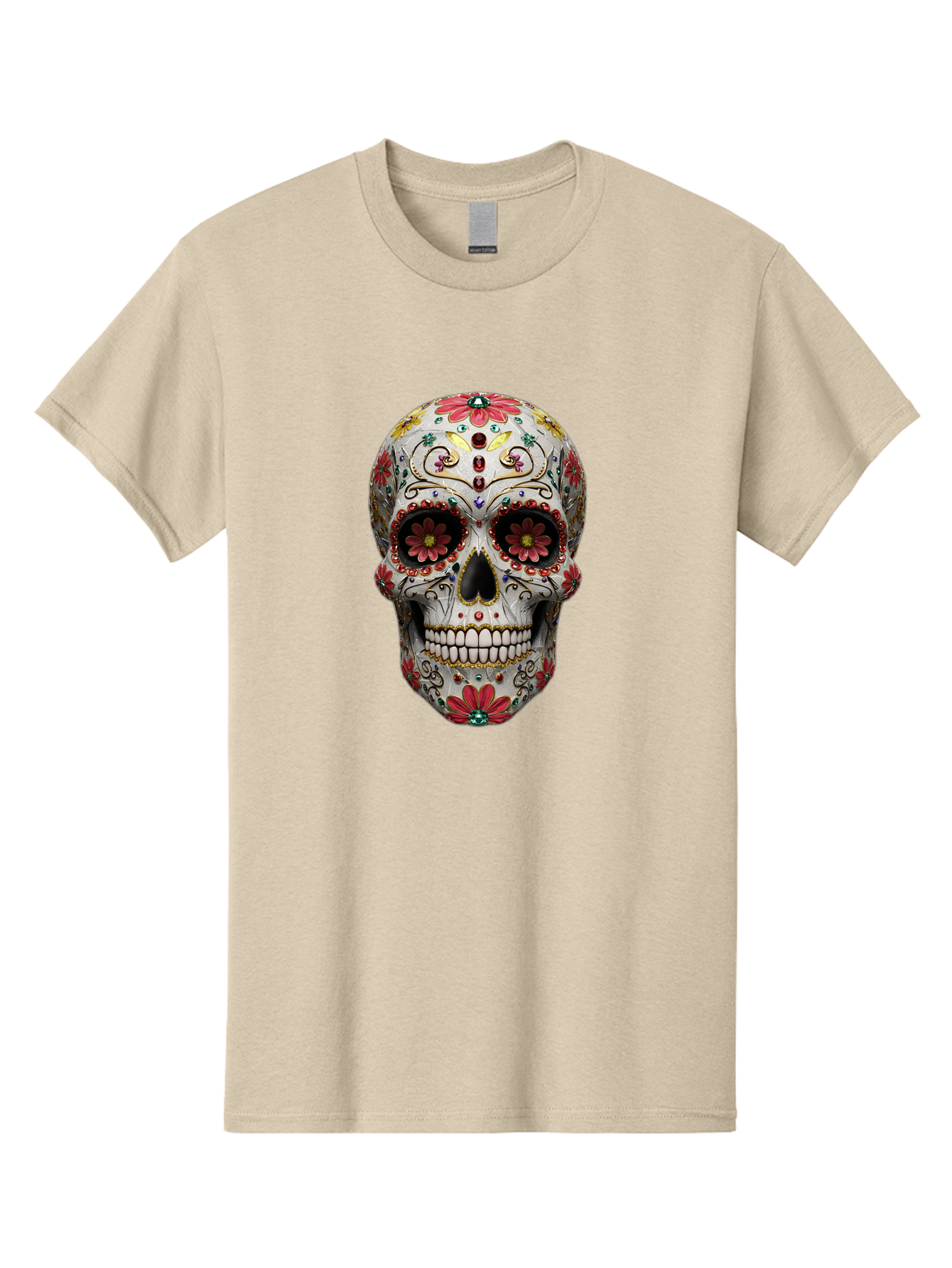 Sugar-Skull-24 Men'S Graphic Tee, 100% Cotton, Comfortable Casual Summer Wear, Machine Washable, Sugar Skull, Decorative Skull, Floral Designs, Red Flowers, Gold Accents, Day Of The Dead, Mexican Culture, Vibrant Colors, Intricate Details, Bad774 14