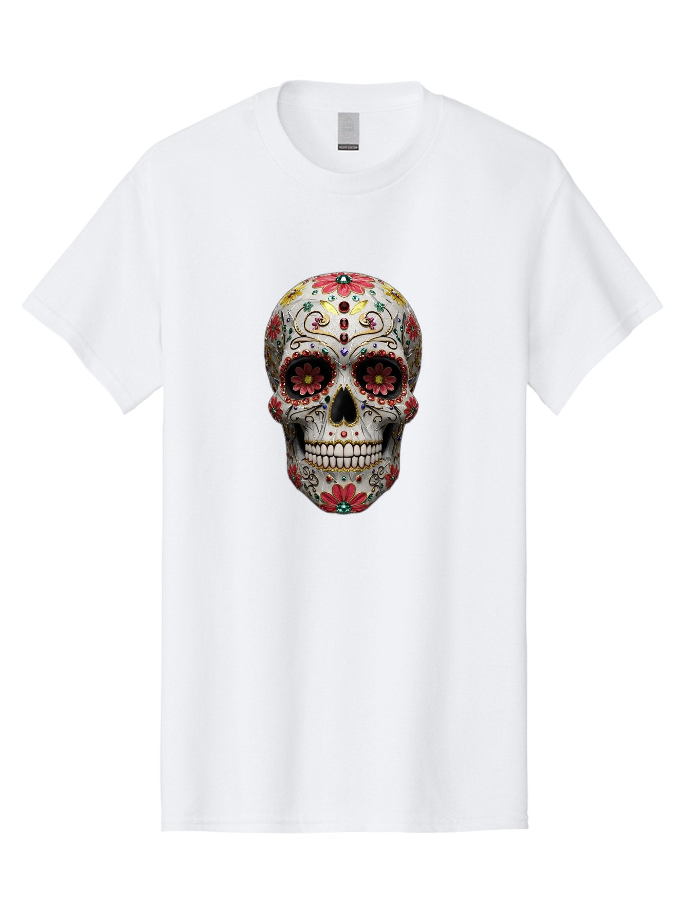 Sugar-Skull-24 Men'S Graphic Tee, 100% Cotton, Comfortable Casual Summer Wear, Machine Washable, Sugar Skull, Decorative Skull, Floral Designs, Red Flowers, Gold Accents, Day Of The Dead, Mexican Culture, Vibrant Colors, Intricate Details, Bad774 12