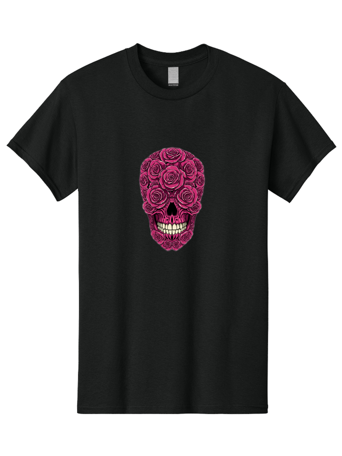 Sugar-Skull-3 Men'S Graphic Tee, 100% Cotton, Comfortable Casual Summer Wear, Machine Washable, Sugar Skull, Floral Skull, Roses, White Teeth, Vibrant Pink, Gothic Art, Day Of The Dead, Floral Design Bad775 5