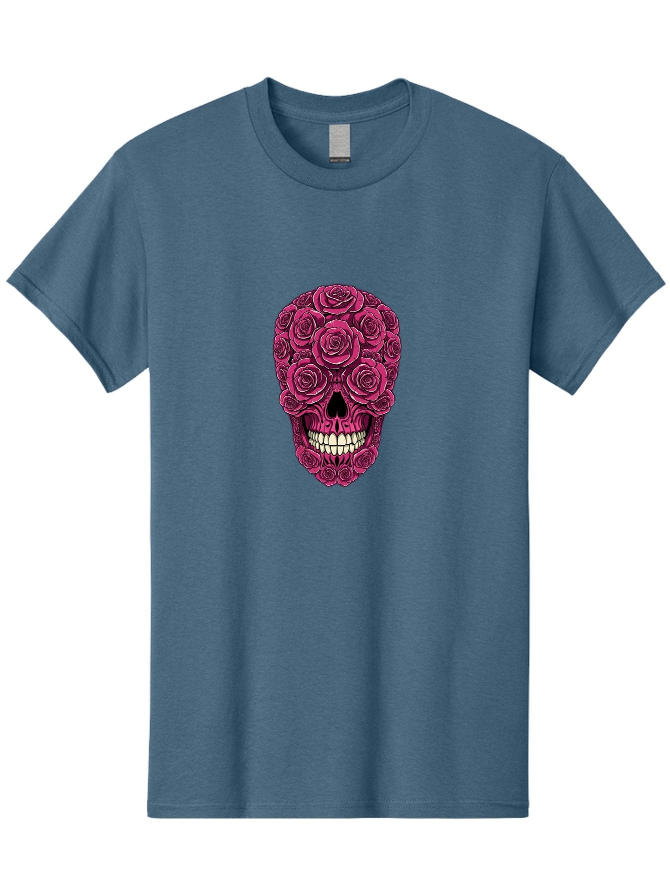 Sugar-Skull-3 Men'S Graphic Tee, 100% Cotton, Comfortable Casual Summer Wear, Machine Washable, Sugar Skull, Floral Skull, Roses, White Teeth, Vibrant Pink, Gothic Art, Day Of The Dead, Floral Design Bad775 15