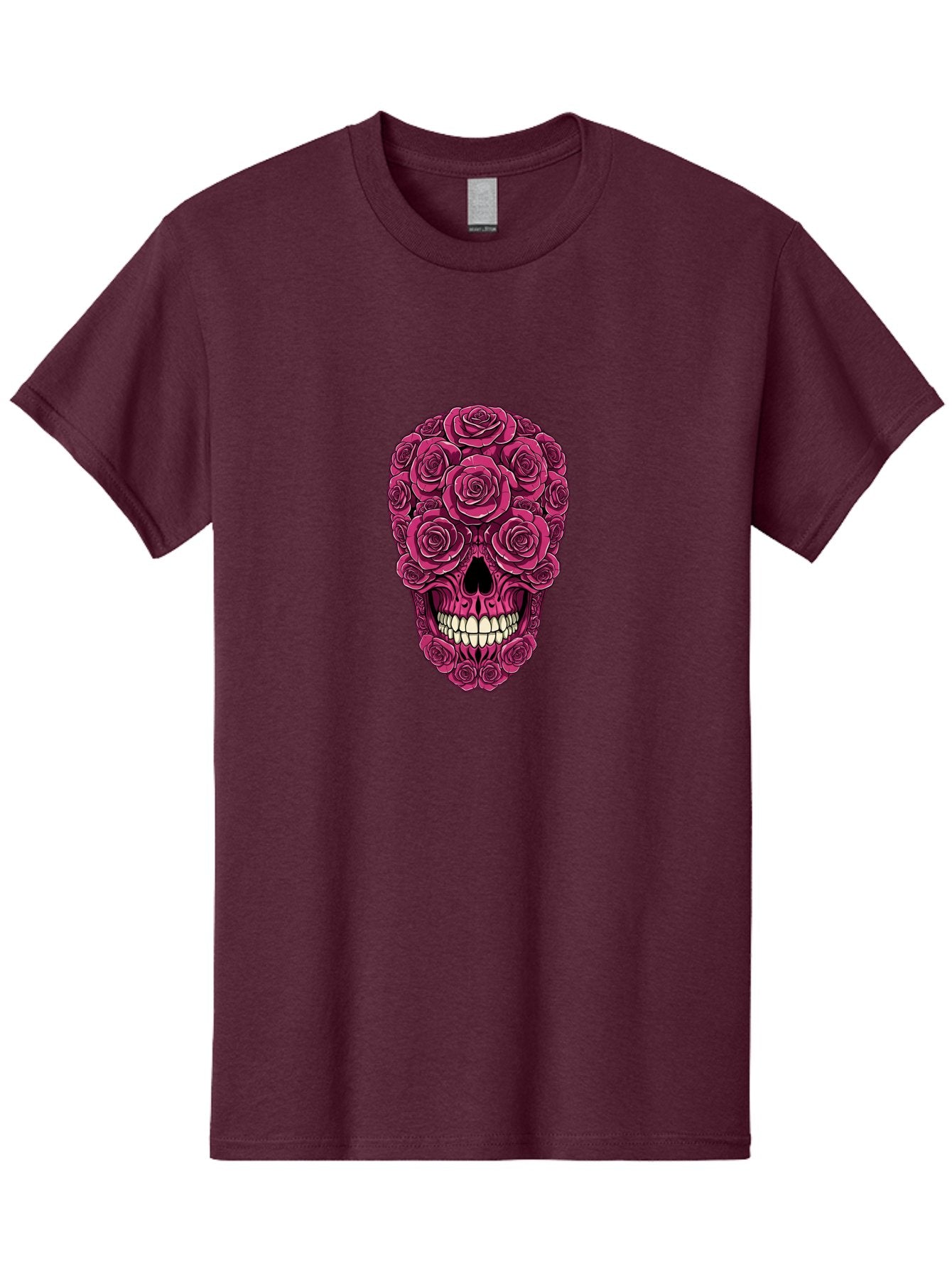 Sugar-Skull-3 Men'S Graphic Tee, 100% Cotton, Comfortable Casual Summer Wear, Machine Washable, Sugar Skull, Floral Skull, Roses, White Teeth, Vibrant Pink, Gothic Art, Day Of The Dead, Floral Design Bad775