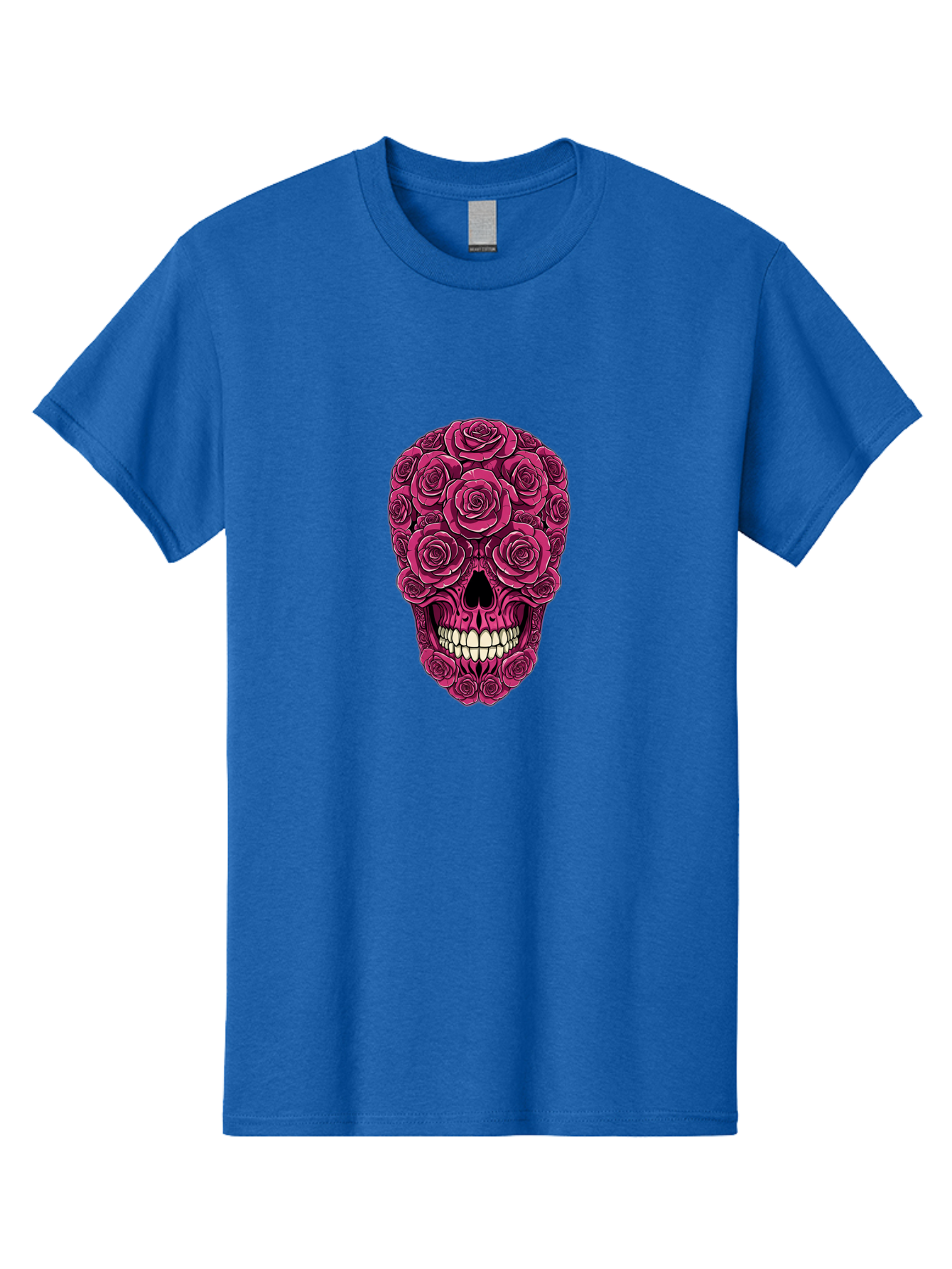 Sugar-Skull-3 Men'S Graphic Tee, 100% Cotton, Comfortable Casual Summer Wear, Machine Washable, Sugar Skull, Floral Skull, Roses, White Teeth, Vibrant Pink, Gothic Art, Day Of The Dead, Floral Design Bad775