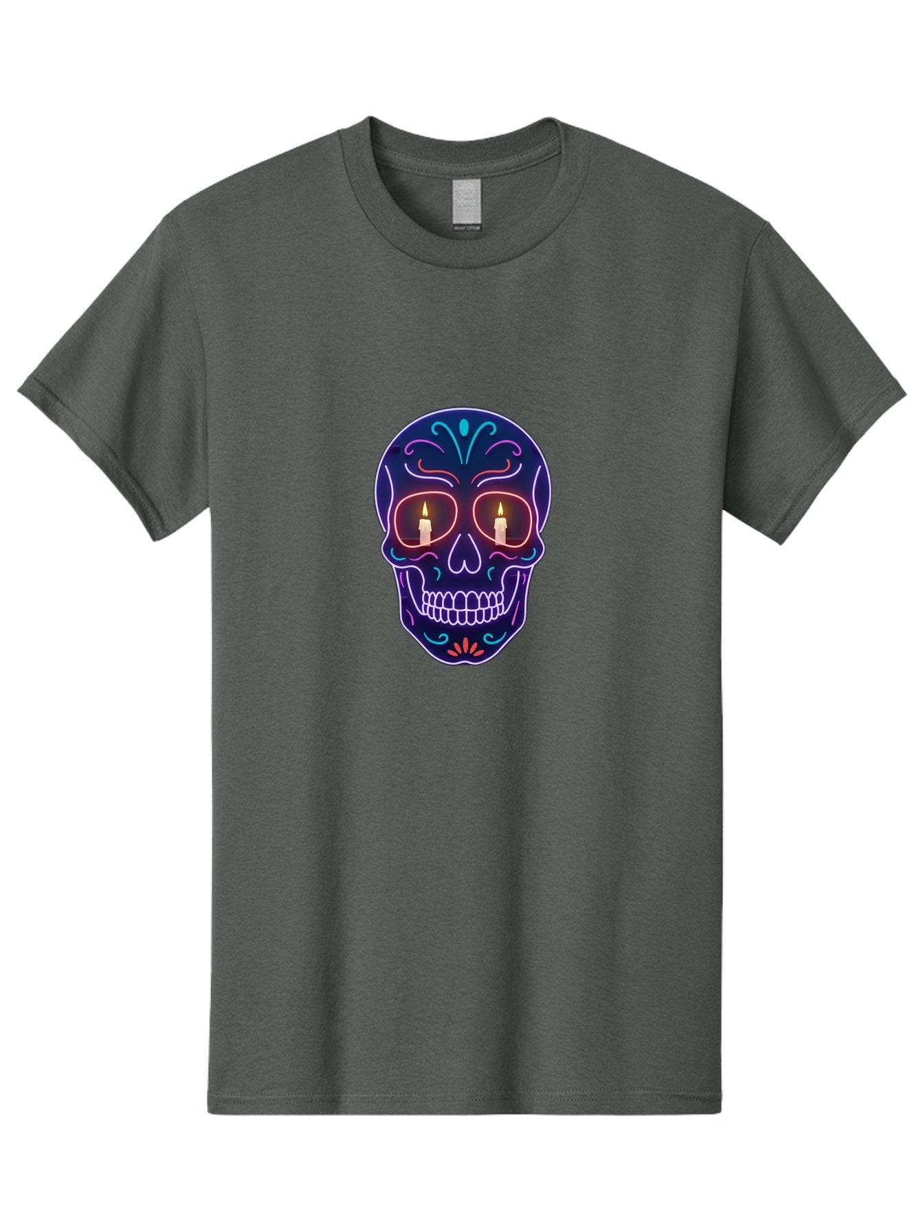 Sugar-Skull-5 Men'S Graphic Tee, 100% Cotton, Comfortable Casual Summer Wear, Machine Washable, Sugar Skull, Day Of The Dead, Neon Lights, Candles, Colorful Design, Vibrant Colors, Skull Decoration, Glowing Eyes Bad777 10