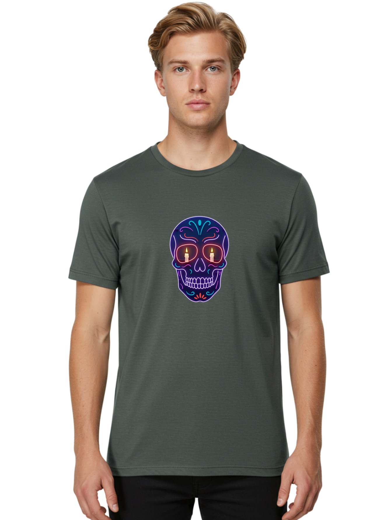 Sugar-Skull-5 Men'S Graphic Tee, 100% Cotton, Comfortable Casual Summer Wear, Machine Washable, Sugar Skull, Day Of The Dead, Neon Lights, Candles, Colorful Design, Vibrant Colors, Skull Decoration, Glowing Eyes Bad777 29