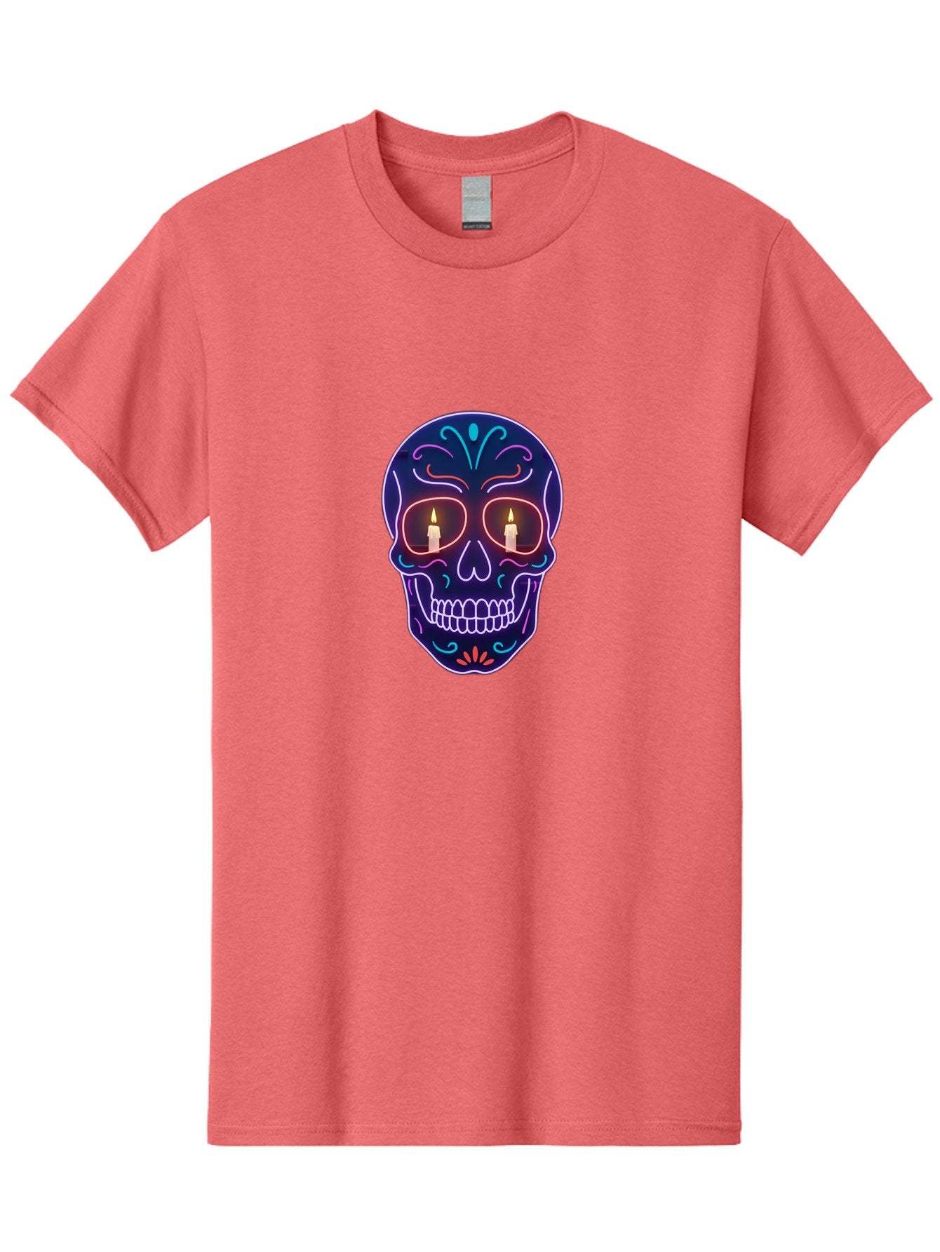 Sugar-Skull-5 Men'S Graphic Tee, 100% Cotton, Comfortable Casual Summer Wear, Machine Washable, Sugar Skull, Day Of The Dead, Neon Lights, Candles, Colorful Design, Vibrant Colors, Skull Decoration, Glowing Eyes Bad777 8