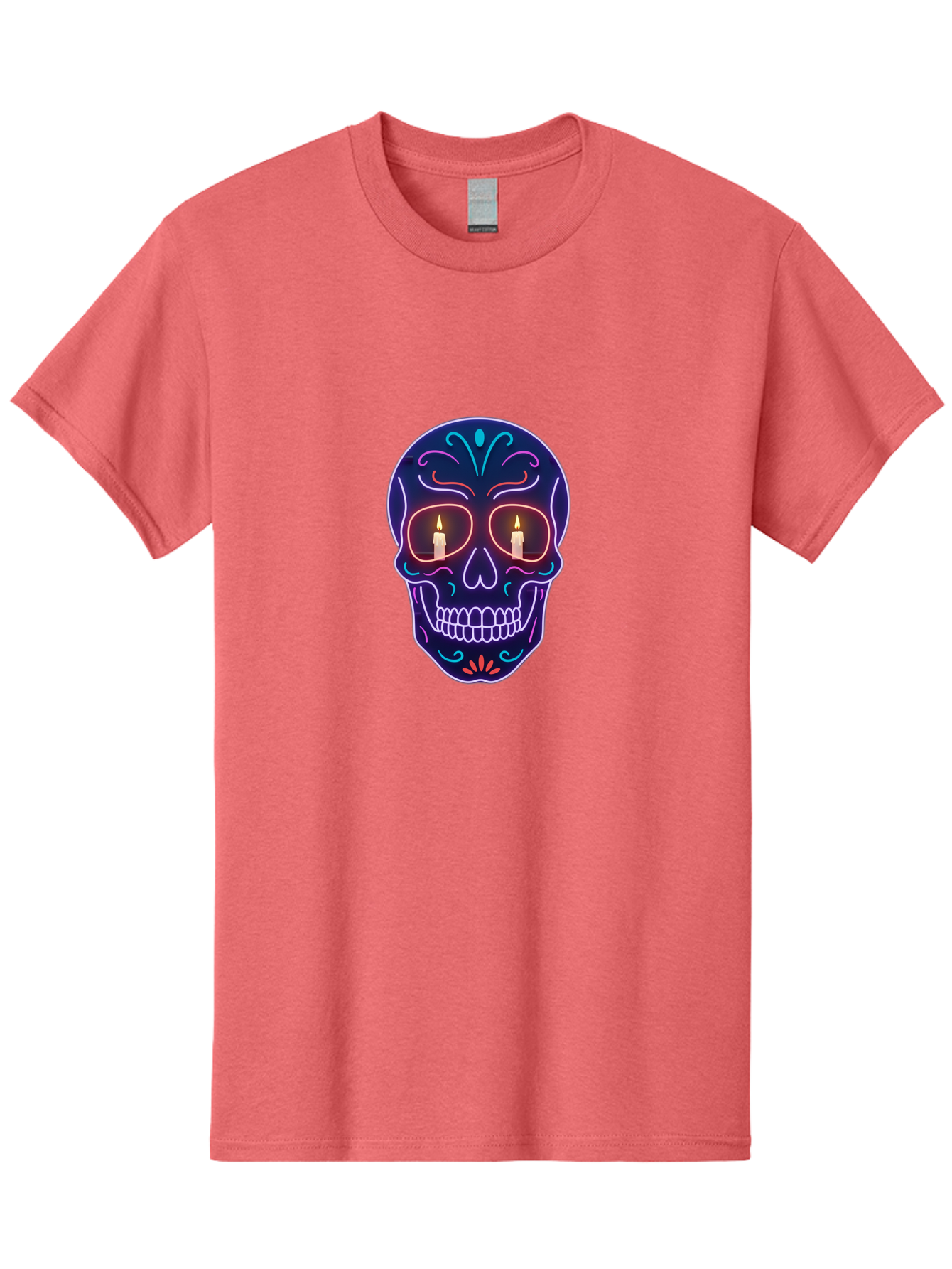 Sugar-Skull-5 Men'S Graphic Tee, 100% Cotton, Comfortable Casual Summer Wear, Machine Washable, Sugar Skull, Day Of The Dead, Neon Lights, Candles, Colorful Design, Vibrant Colors, Skull Decoration, Glowing Eyes Bad777 6