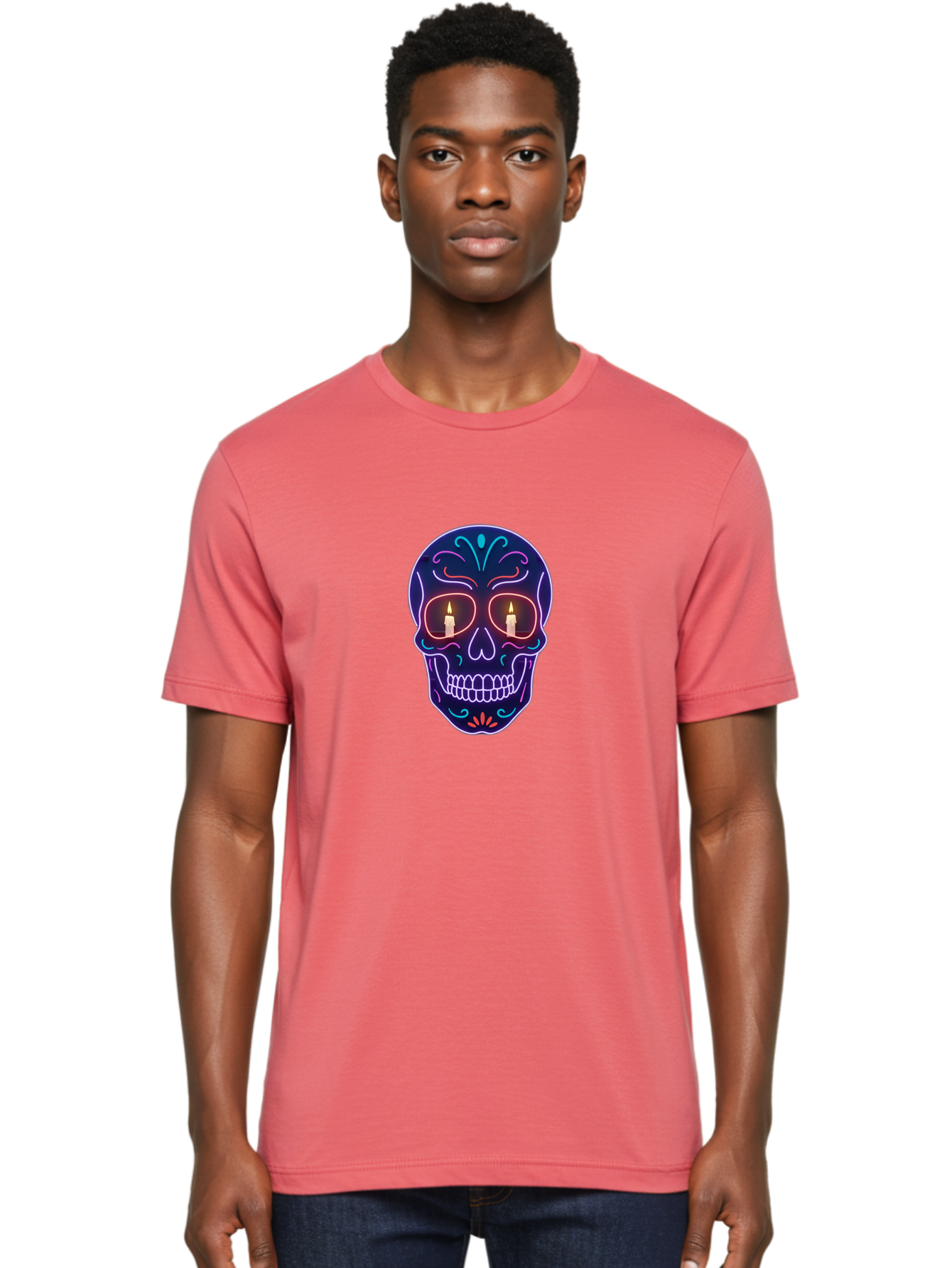 Sugar-Skull-5 Men'S Graphic Tee, 100% Cotton, Comfortable Casual Summer Wear, Machine Washable, Sugar Skull, Day Of The Dead, Neon Lights, Candles, Colorful Design, Vibrant Colors, Skull Decoration, Glowing Eyes Bad777 21