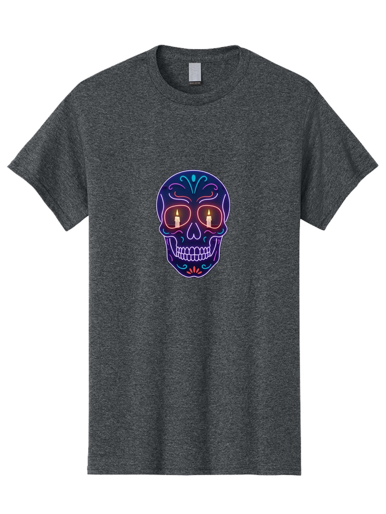 Sugar-Skull-5 Men'S Graphic Tee, 100% Cotton, Comfortable Casual Summer Wear, Machine Washable, Sugar Skull, Day Of The Dead, Neon Lights, Candles, Colorful Design, Vibrant Colors, Skull Decoration, Glowing Eyes Bad777 15