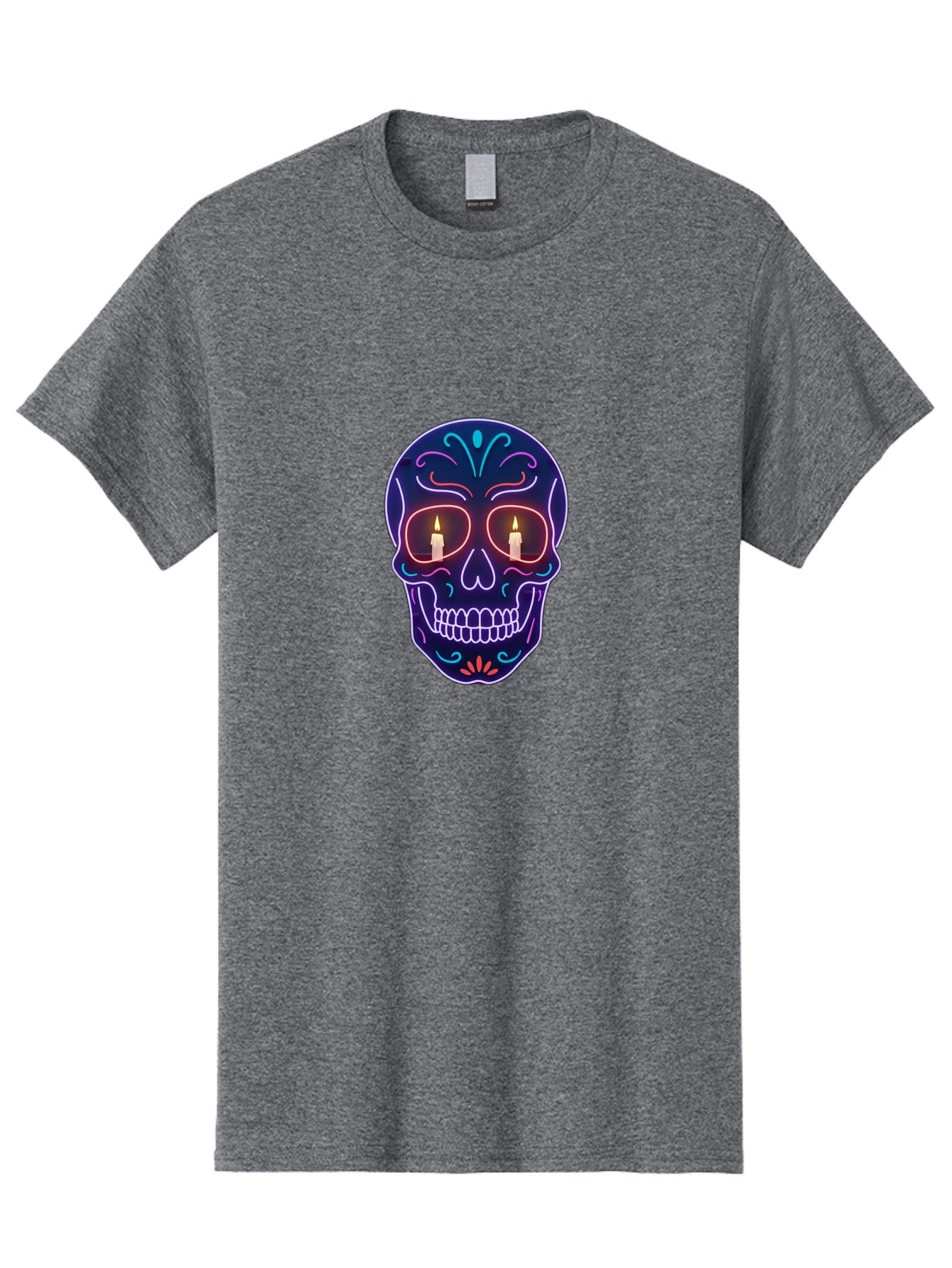 Sugar-Skull-5 Men'S Graphic Tee, 100% Cotton, Comfortable Casual Summer Wear, Machine Washable, Sugar Skull, Day Of The Dead, Neon Lights, Candles, Colorful Design, Vibrant Colors, Skull Decoration, Glowing Eyes Bad777 9