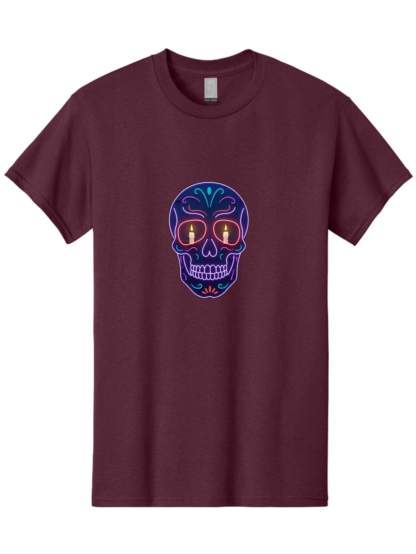 Sugar-Skull-5 Men'S Graphic Tee, 100% Cotton, Comfortable Casual Summer Wear, Machine Washable, Sugar Skull, Day Of The Dead, Neon Lights, Candles, Colorful Design, Vibrant Colors, Skull Decoration, Glowing Eyes Bad777