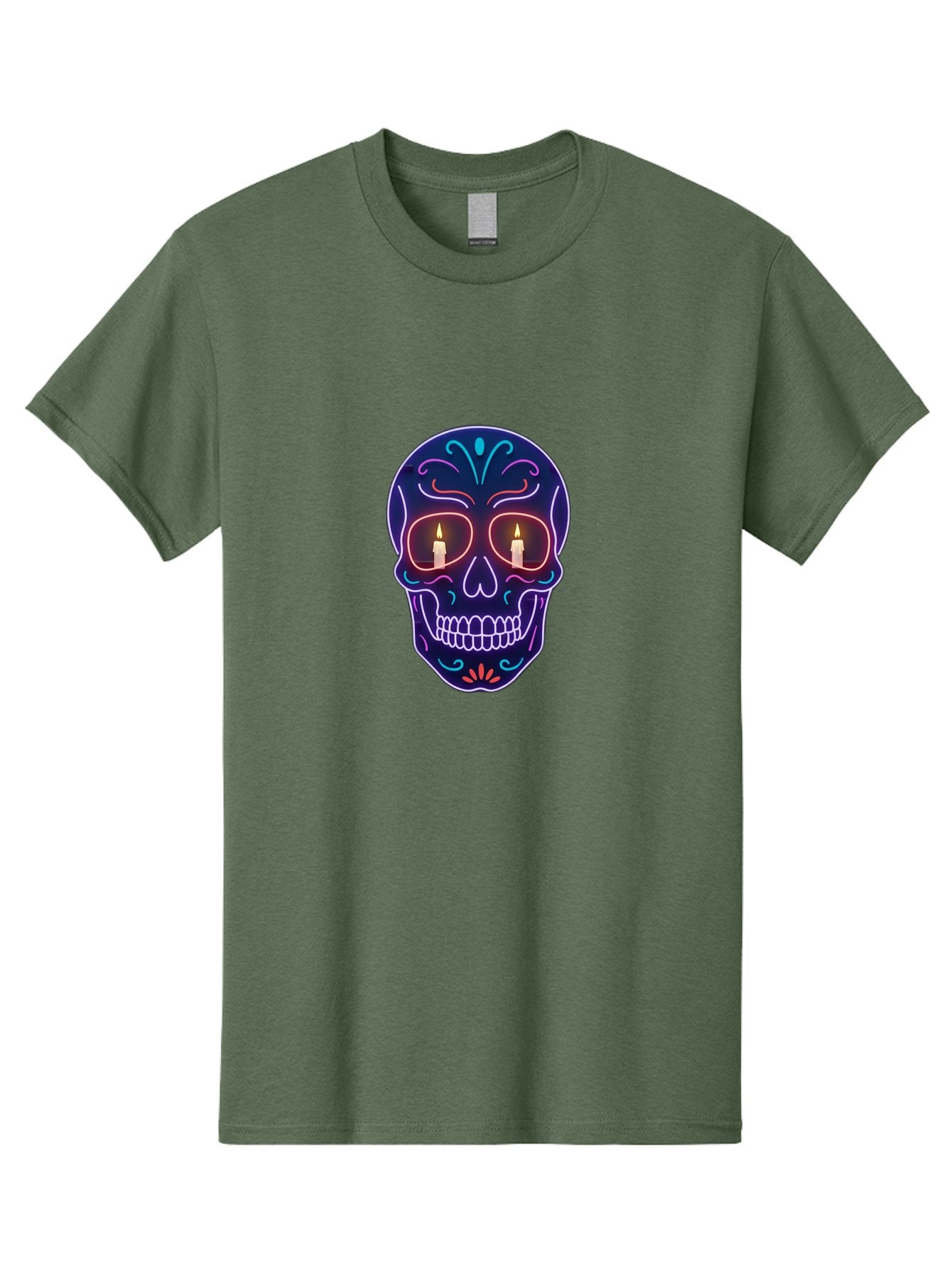 Sugar-Skull-5 Men'S Graphic Tee, 100% Cotton, Comfortable Casual Summer Wear, Machine Washable, Sugar Skull, Day Of The Dead, Neon Lights, Candles, Colorful Design, Vibrant Colors, Skull Decoration, Glowing Eyes Bad777 6