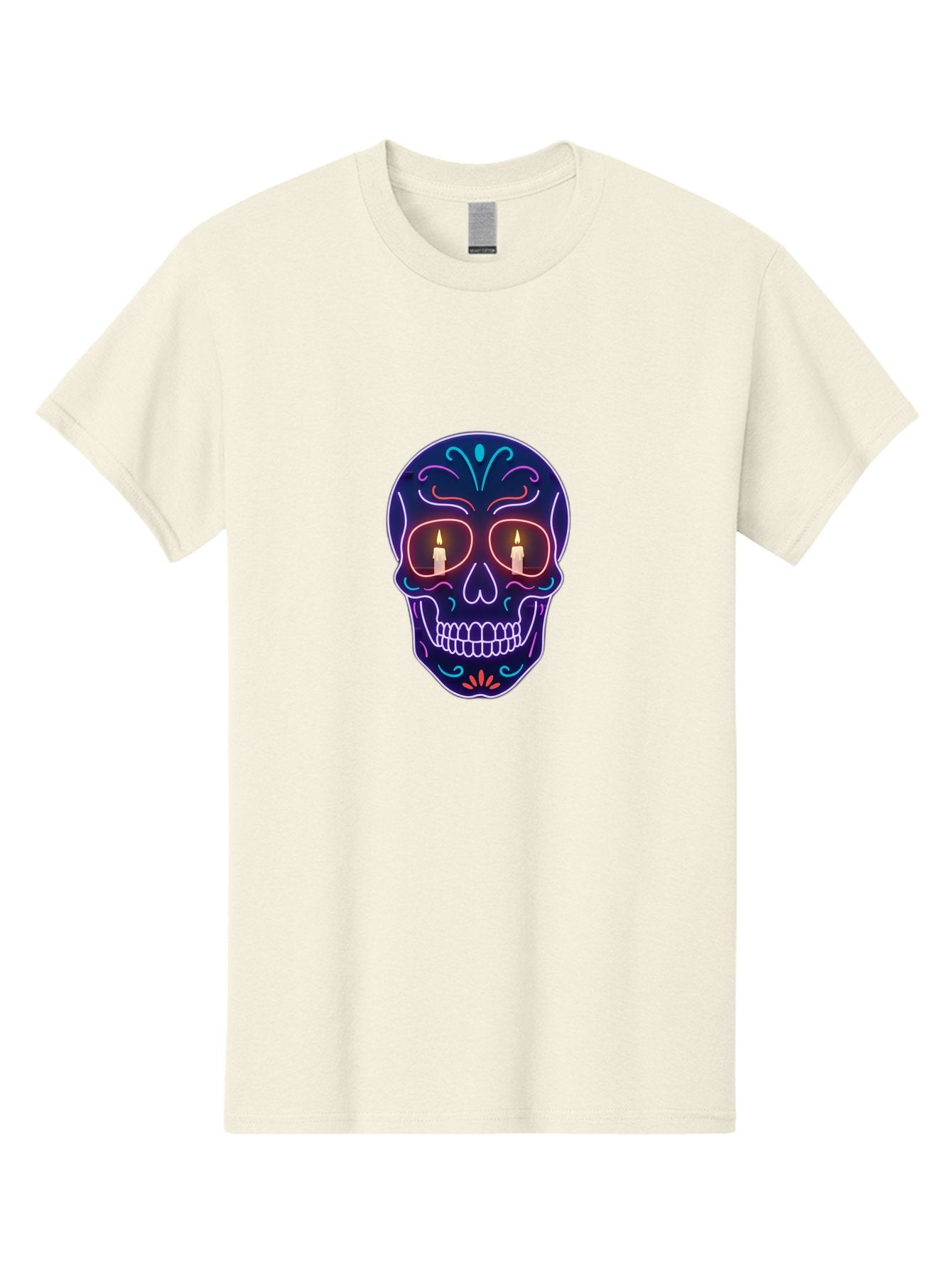 Sugar-Skull-5 Men'S Graphic Tee, 100% Cotton, Comfortable Casual Summer Wear, Machine Washable, Sugar Skull, Day Of The Dead, Neon Lights, Candles, Colorful Design, Vibrant Colors, Skull Decoration, Glowing Eyes Bad777 3