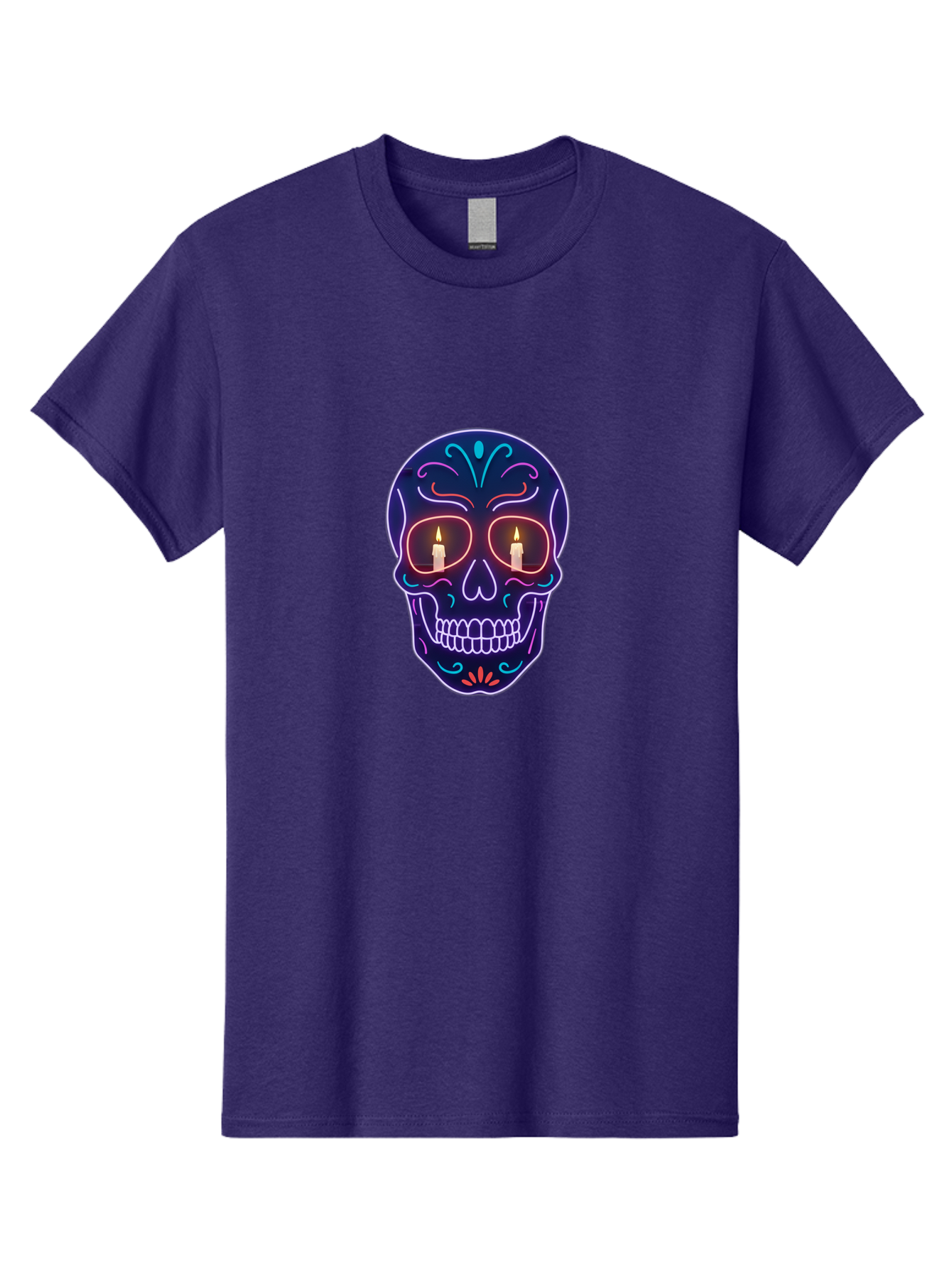 Sugar-Skull-5 Men'S Graphic Tee, 100% Cotton, Comfortable Casual Summer Wear, Machine Washable, Sugar Skull, Day Of The Dead, Neon Lights, Candles, Colorful Design, Vibrant Colors, Skull Decoration, Glowing Eyes Bad777 3