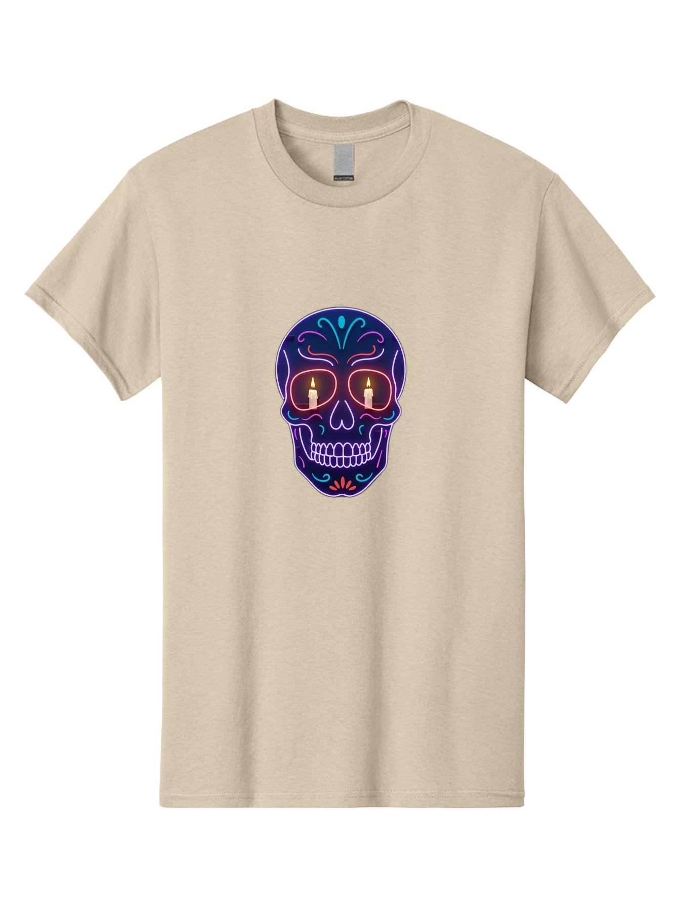 Sugar-Skull-5 Men'S Graphic Tee, 100% Cotton, Comfortable Casual Summer Wear, Machine Washable, Sugar Skull, Day Of The Dead, Neon Lights, Candles, Colorful Design, Vibrant Colors, Skull Decoration, Glowing Eyes Bad777 14