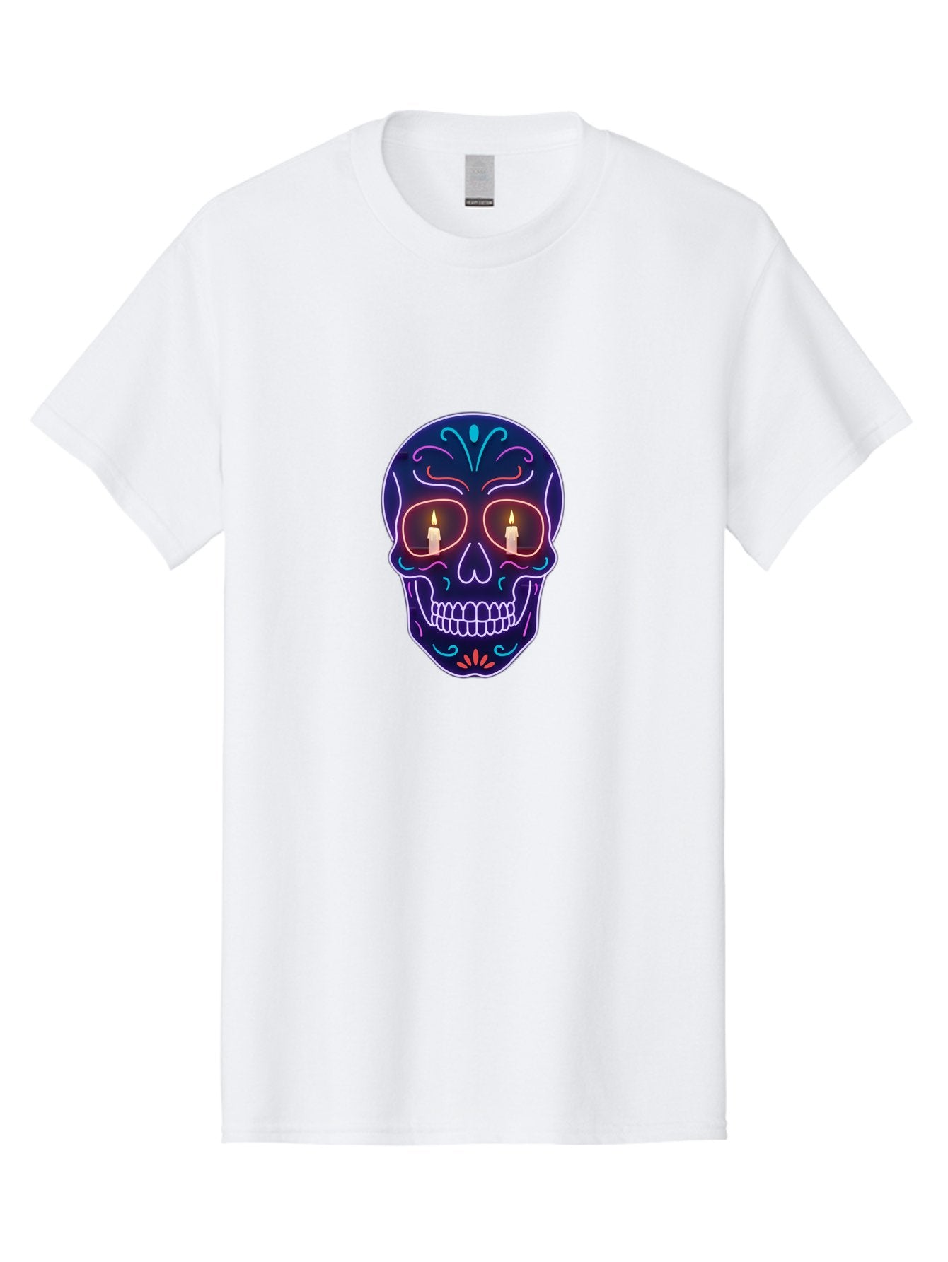 Sugar-Skull-5 Men'S Graphic Tee, 100% Cotton, Comfortable Casual Summer Wear, Machine Washable, Sugar Skull, Day Of The Dead, Neon Lights, Candles, Colorful Design, Vibrant Colors, Skull Decoration, Glowing Eyes Bad777 4