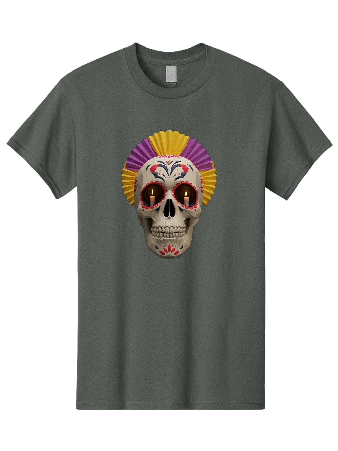 Sugar-Skull-6 Men'S Graphic Tee, 100% Cotton, Comfortable Casual Summer Wear, Machine Washable, Sugar Skull, Day Of The Dead, Mexican Culture, Lit Candles, Decorative Patterns, Vibrant Colors, Festive Decorations, Skull Art, Bad778
