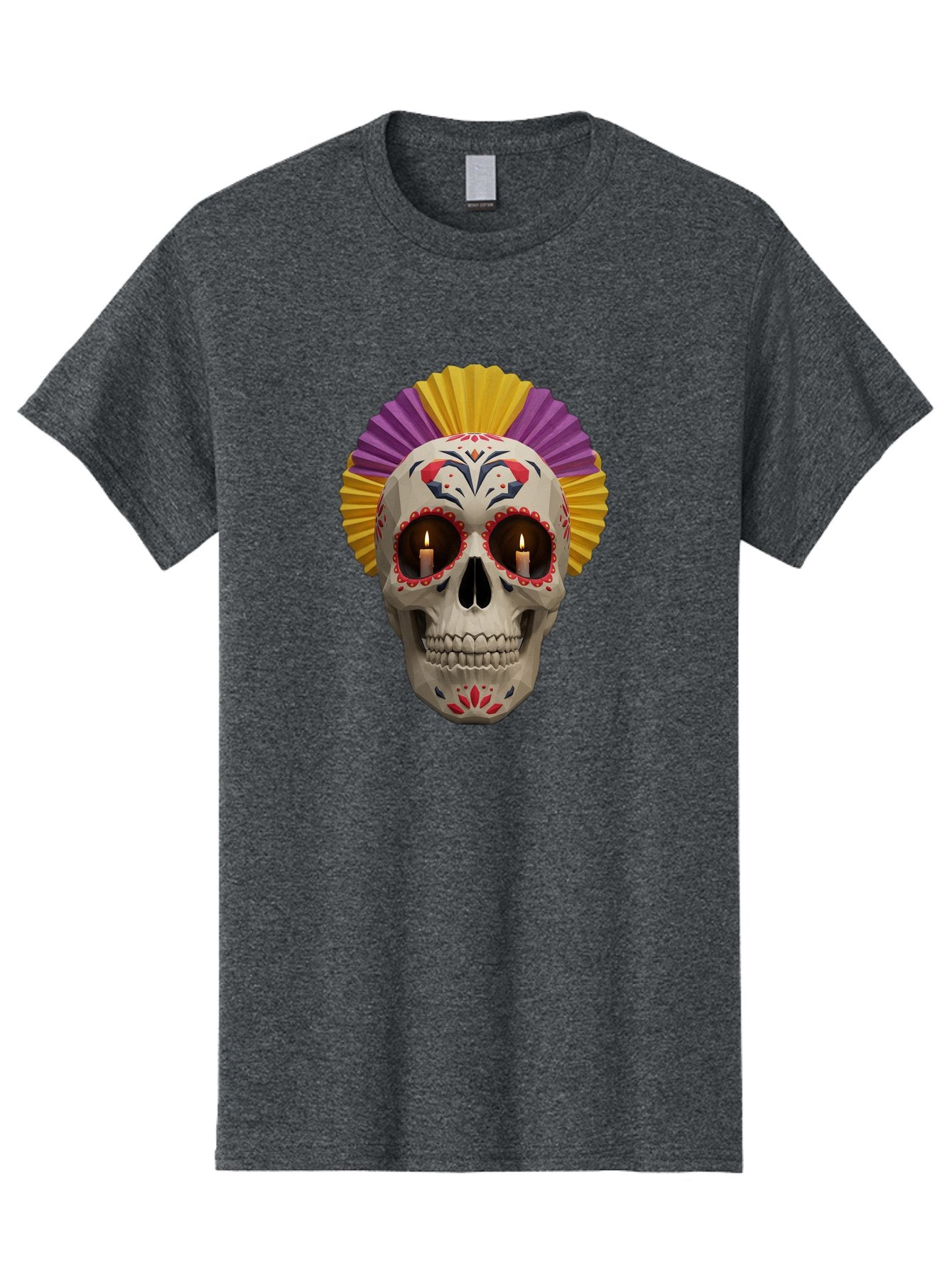 Sugar-Skull-6 Men'S Graphic Tee, 100% Cotton, Comfortable Casual Summer Wear, Machine Washable, Sugar Skull, Day Of The Dead, Mexican Culture, Lit Candles, Decorative Patterns, Vibrant Colors, Festive Decorations, Skull Art, Bad778 12