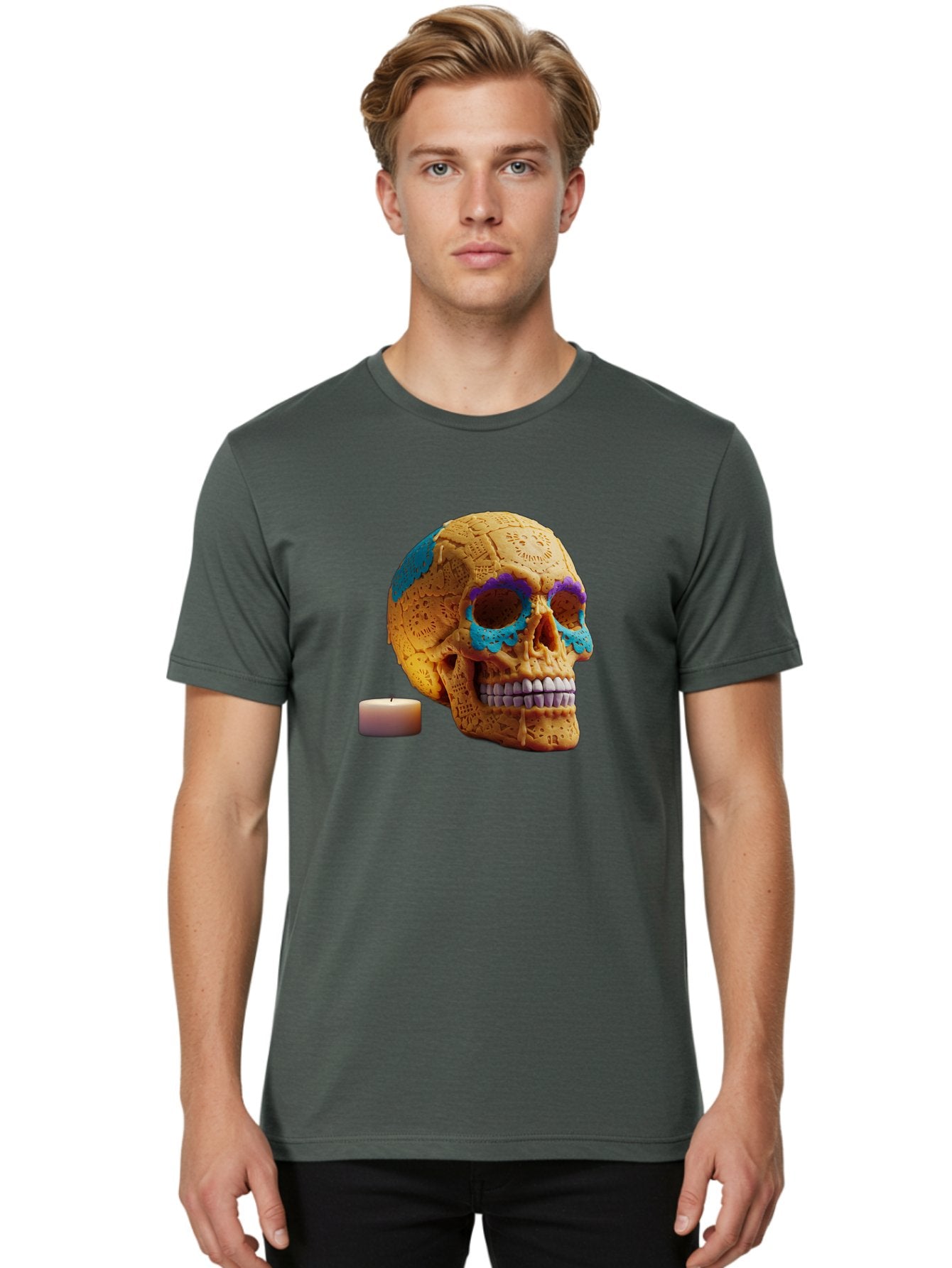 Sugar-Skull-8 Men'S Graphic Tee, 100% Cotton, Comfortable Casual Summer Wear, Machine Washable, Sugar Skull, Day Of The Dead Celebration, Vibrant Decorations, Intricate Designs, Decorative Skull, Traditional Mexican Art, Festive Atmosphere, Bad780 26