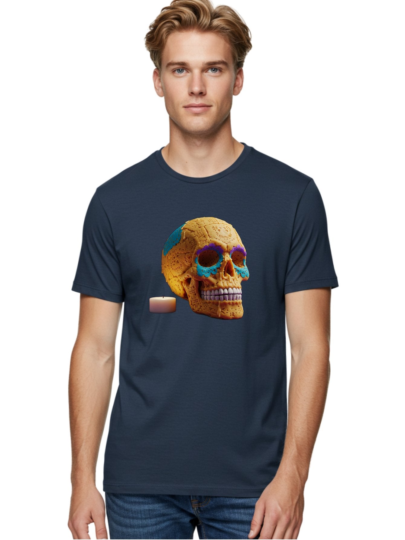 Sugar-Skull-8 Men'S Graphic Tee, 100% Cotton, Comfortable Casual Summer Wear, Machine Washable, Sugar Skull, Day Of The Dead Celebration, Vibrant Decorations, Intricate Designs, Decorative Skull, Traditional Mexican Art, Festive Atmosphere, Bad780 28