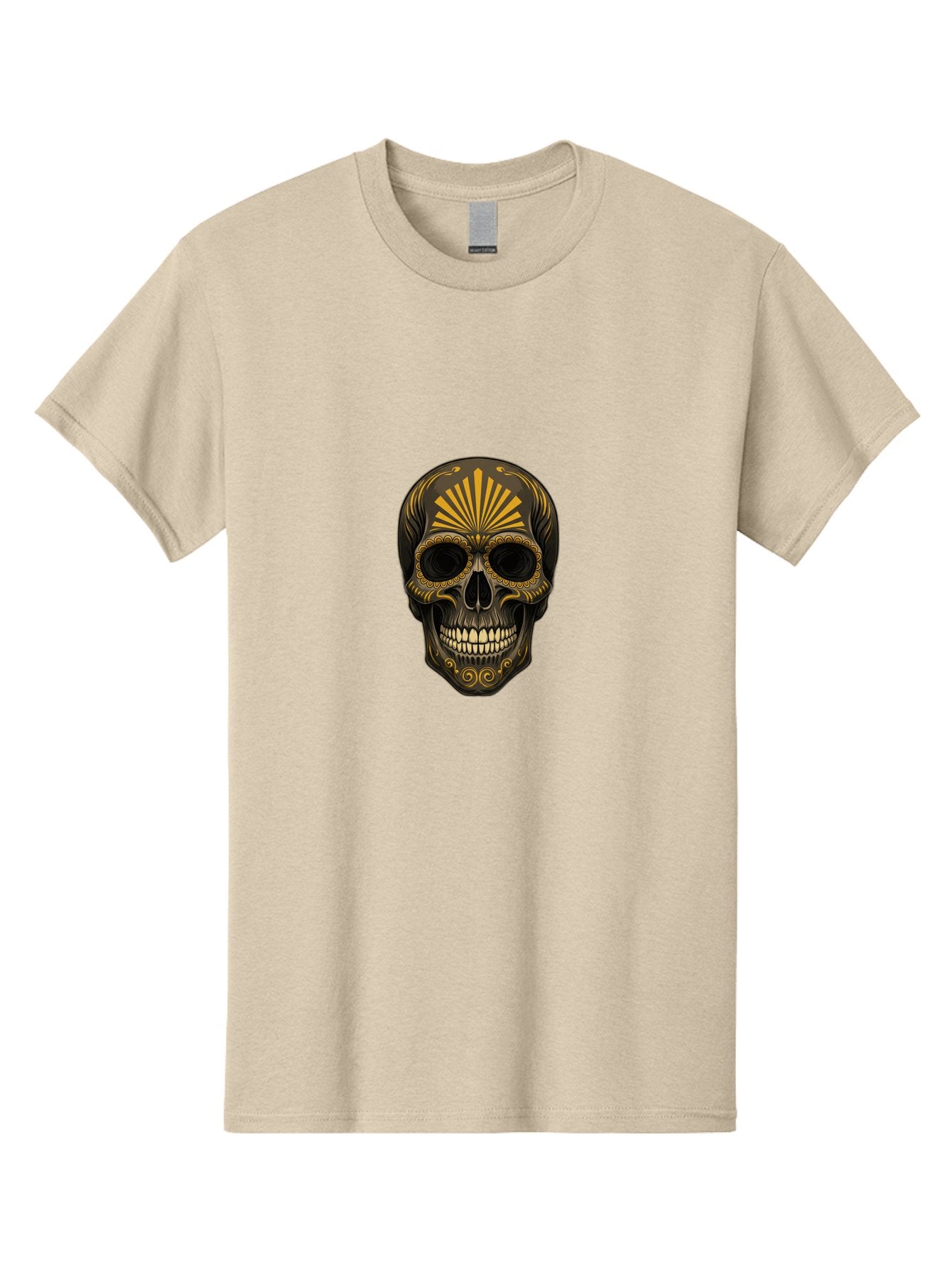 Sugar-Skull-9 Men'S Graphic Tee, 100% Cotton, Comfortable Casual Summer Wear, Machine Washable, Sugar Skull, Ornate Design, Golden Accents, Day Of The Dead, Mexican Culture, Vibrant Patterns, Decorative Art, Symbolic Imagery, Intricate Details Bad781