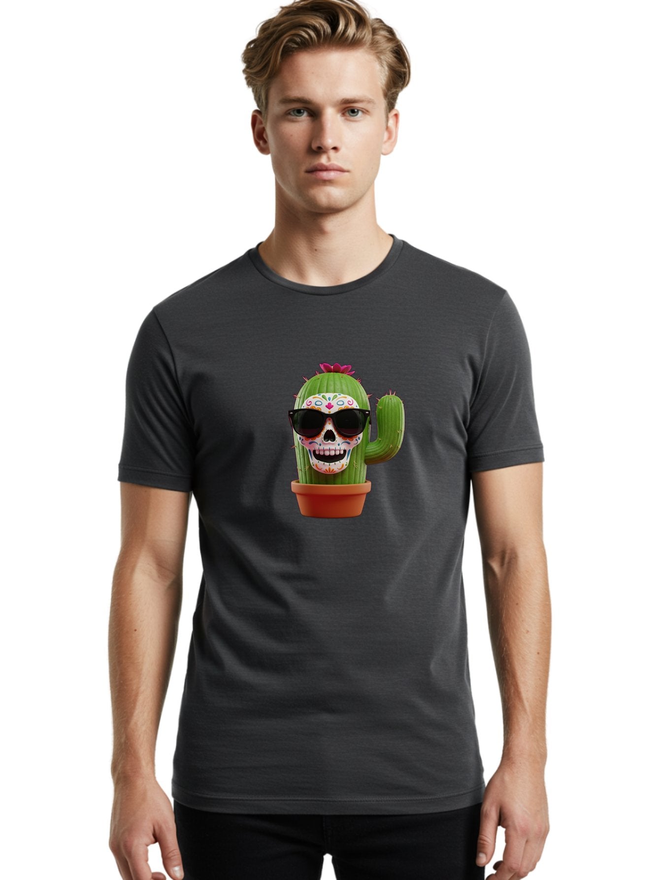 Sugar-Skull-Cactus Men'S Graphic Tee, 100% Cotton, Comfortable Casual Summer Wear, Machine Washable, Sugar Skull Cactus, Day Of The Dead, Colorful Design, Sunglasses, Prickly Pear, Potted Plant, Vibrant Colors, Festive Spirit Bad782 23