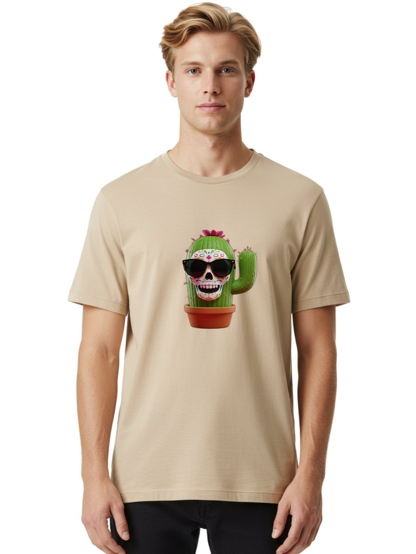 Sugar-Skull-Cactus Men'S Graphic Tee, 100% Cotton, Comfortable Casual Summer Wear, Machine Washable, Sugar Skull Cactus, Day Of The Dead, Colorful Design, Sunglasses, Prickly Pear, Potted Plant, Vibrant Colors, Festive Spirit Bad782 17