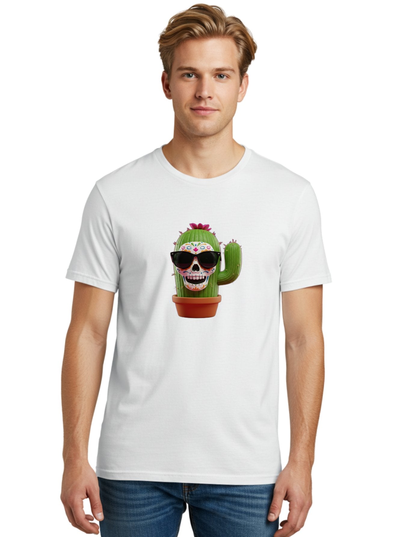 Sugar-Skull-Cactus Men'S Graphic Tee, 100% Cotton, Comfortable Casual Summer Wear, Machine Washable, Sugar Skull Cactus, Day Of The Dead, Colorful Design, Sunglasses, Prickly Pear, Potted Plant, Vibrant Colors, Festive Spirit Bad782 19