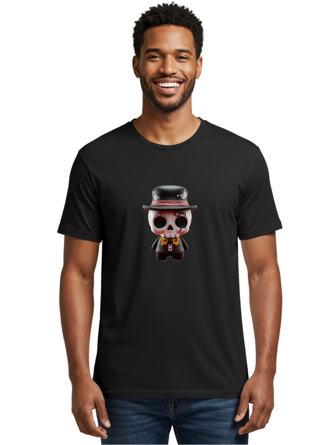 Sugar-Skull-Figurine Men'S Graphic Tee, 100% Cotton, Comfortable Casual Summer Wear, Machine Washable, Skull Figurine, Vintage Hat, Black Suit, Yellow Bow Tie, Red Flames, Day Of The Dead, Gothic Style, Unique Collectible, Creepy Character, Bad783 20
