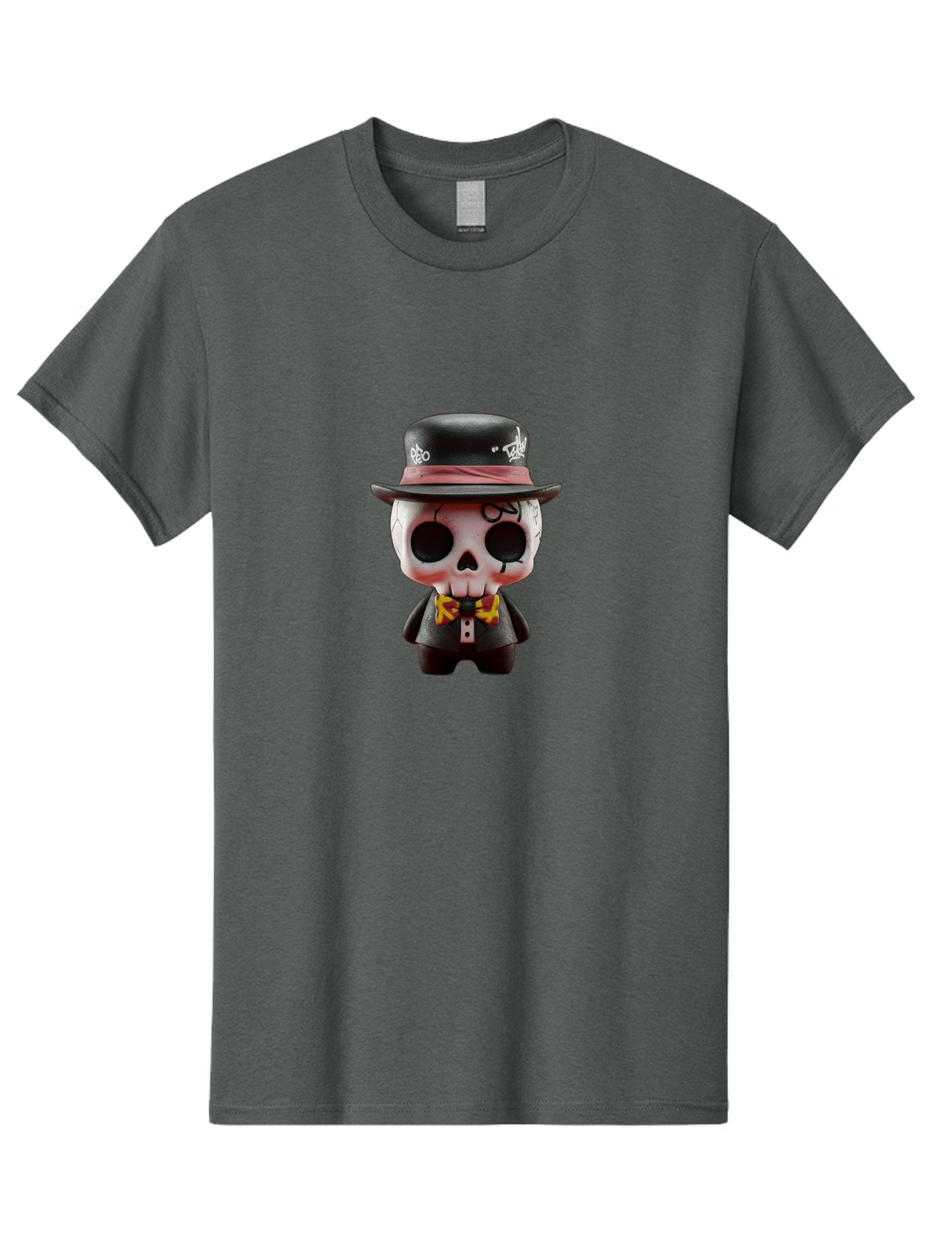 Sugar-Skull-Figurine Men'S Graphic Tee, 100% Cotton, Comfortable Casual Summer Wear, Machine Washable, Skull Figurine, Vintage Hat, Black Suit, Yellow Bow Tie, Red Flames, Day Of The Dead, Gothic Style, Unique Collectible, Creepy Character, Bad783 14