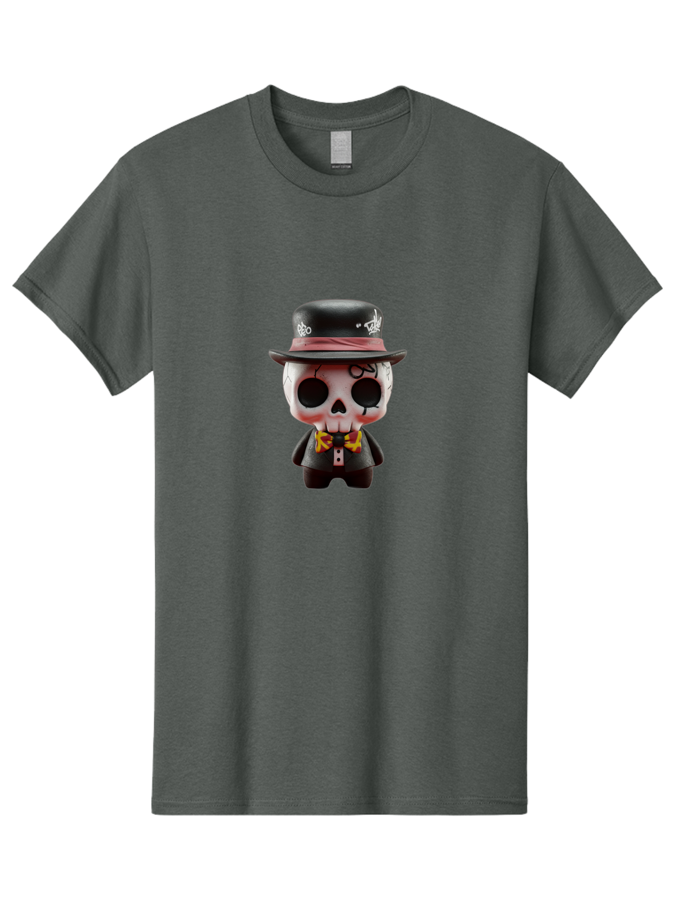 Sugar-Skull-Figurine Men'S Graphic Tee, 100% Cotton, Comfortable Casual Summer Wear, Machine Washable, Skull Figurine, Vintage Hat, Black Suit, Yellow Bow Tie, Red Flames, Day Of The Dead, Gothic Style, Unique Collectible, Creepy Character, Bad783