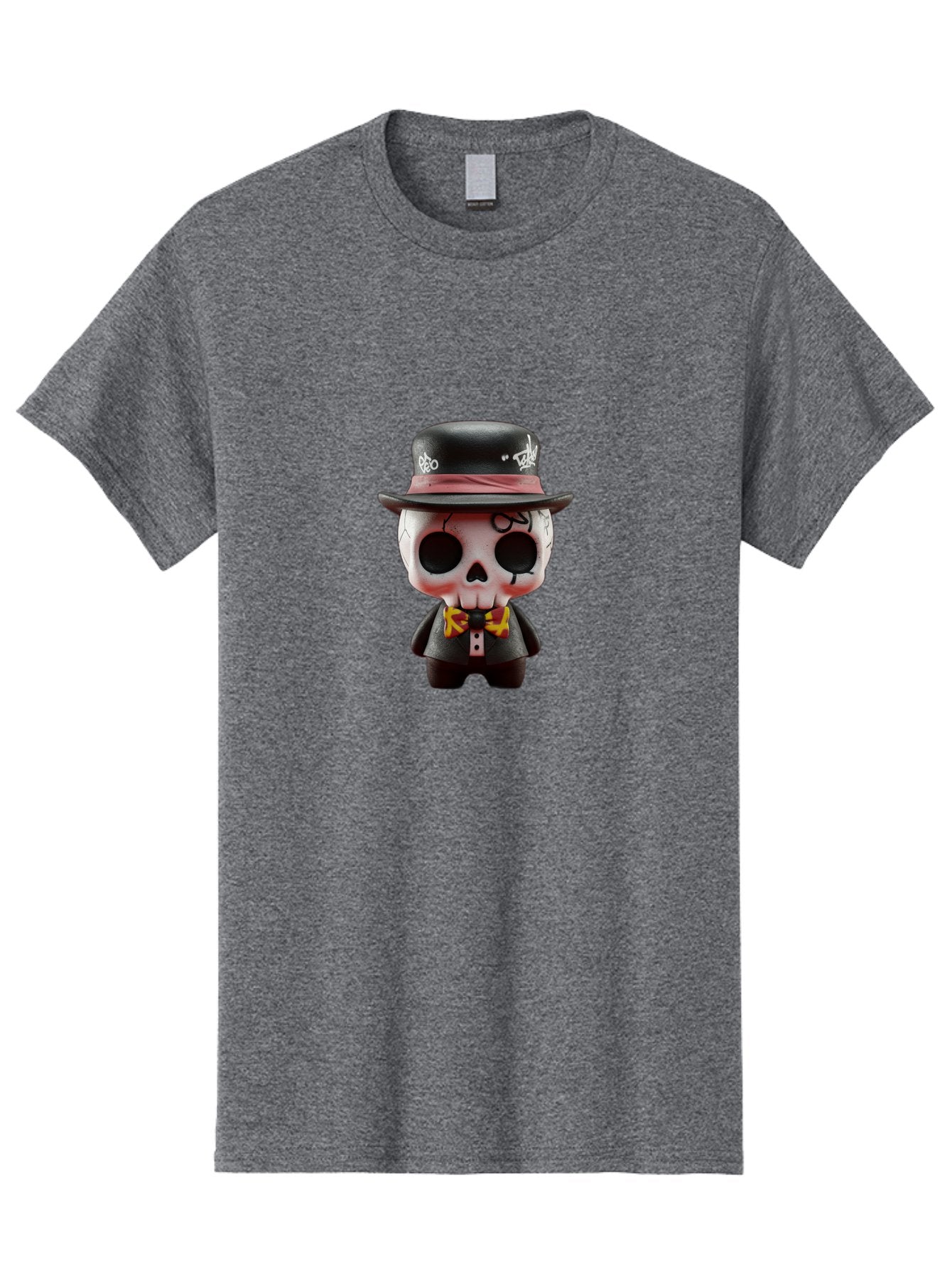 Sugar-Skull-Figurine Men'S Graphic Tee, 100% Cotton, Comfortable Casual Summer Wear, Machine Washable, Skull Figurine, Vintage Hat, Black Suit, Yellow Bow Tie, Red Flames, Day Of The Dead, Gothic Style, Unique Collectible, Creepy Character, Bad783