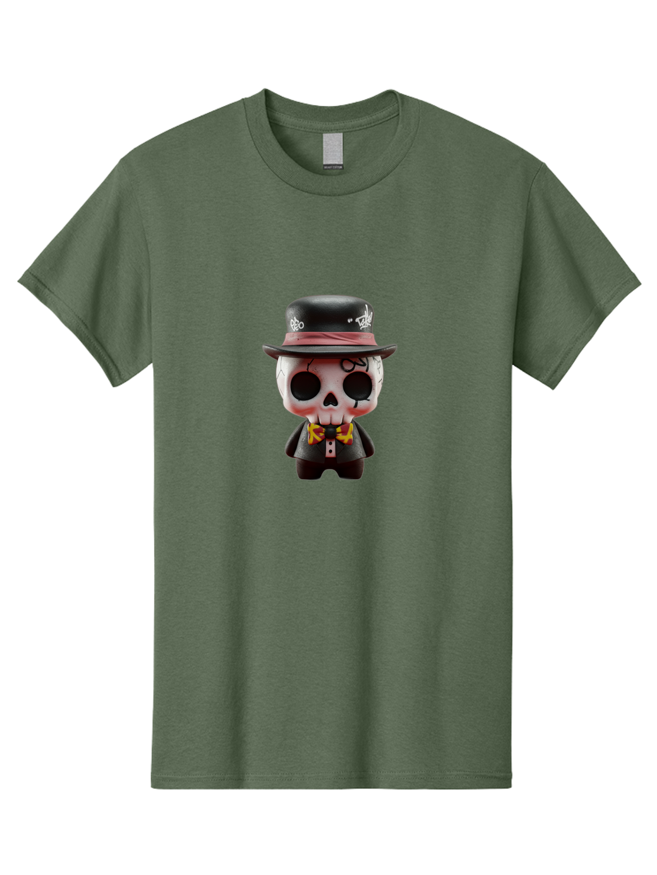 Sugar-Skull-Figurine Men'S Graphic Tee, 100% Cotton, Comfortable Casual Summer Wear, Machine Washable, Skull Figurine, Vintage Hat, Black Suit, Yellow Bow Tie, Red Flames, Day Of The Dead, Gothic Style, Unique Collectible, Creepy Character, Bad783 12