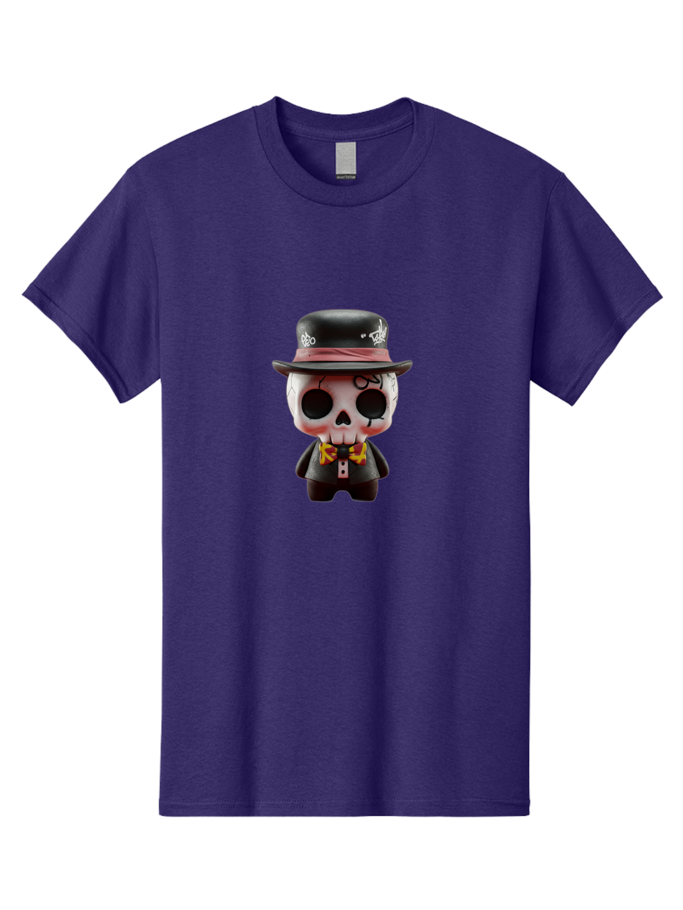 Sugar-Skull-Figurine Men'S Graphic Tee, 100% Cotton, Comfortable Casual Summer Wear, Machine Washable, Skull Figurine, Vintage Hat, Black Suit, Yellow Bow Tie, Red Flames, Day Of The Dead, Gothic Style, Unique Collectible, Creepy Character, Bad783