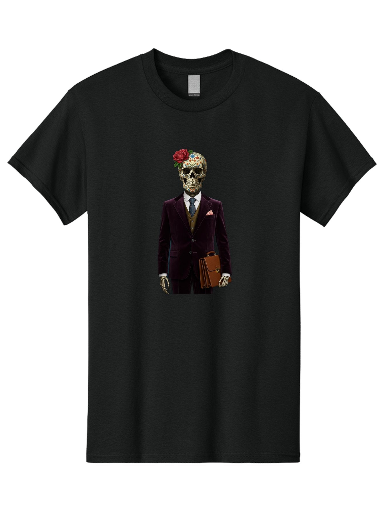 Sugar-Skull-Gentleman Men'S Graphic Tee, 100% Cotton, Comfortable Casual Summer Wear, Machine Washable, Sugar Skull, Businessman Attire, Formal Wear, Briefcase, Day Of The Dead, Colorful Skull, Decorated Skull, Skeleton Hand, Formal Suit, Bad784 10
