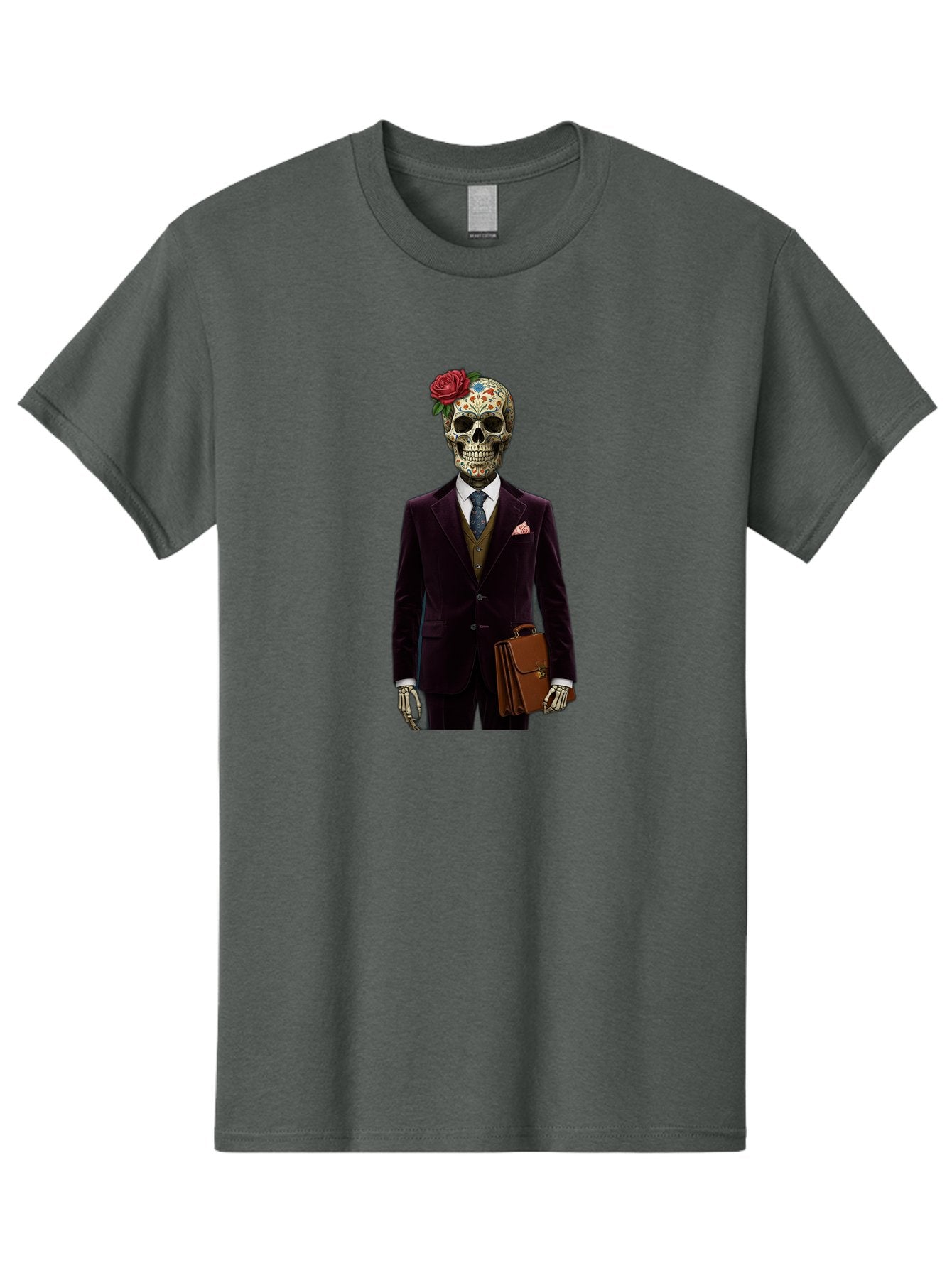 Sugar-Skull-Gentleman Men'S Graphic Tee, 100% Cotton, Comfortable Casual Summer Wear, Machine Washable, Sugar Skull, Businessman Attire, Formal Wear, Briefcase, Day Of The Dead, Colorful Skull, Decorated Skull, Skeleton Hand, Formal Suit, Bad784 13