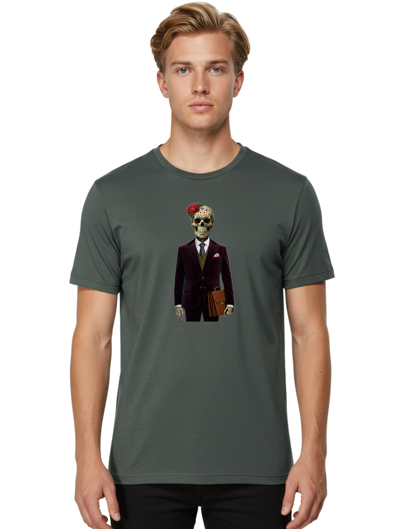Sugar-Skull-Gentleman Men'S Graphic Tee, 100% Cotton, Comfortable Casual Summer Wear, Machine Washable, Sugar Skull, Businessman Attire, Formal Wear, Briefcase, Day Of The Dead, Colorful Skull, Decorated Skull, Skeleton Hand, Formal Suit, Bad784 30