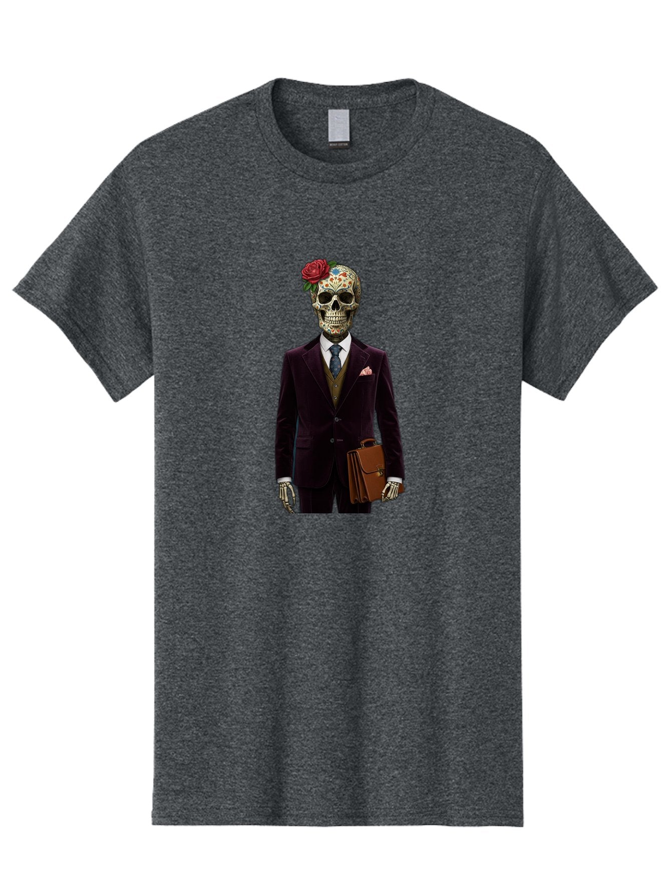 Sugar-Skull-Gentleman Men'S Graphic Tee, 100% Cotton, Comfortable Casual Summer Wear, Machine Washable, Sugar Skull, Businessman Attire, Formal Wear, Briefcase, Day Of The Dead, Colorful Skull, Decorated Skull, Skeleton Hand, Formal Suit, Bad784 4