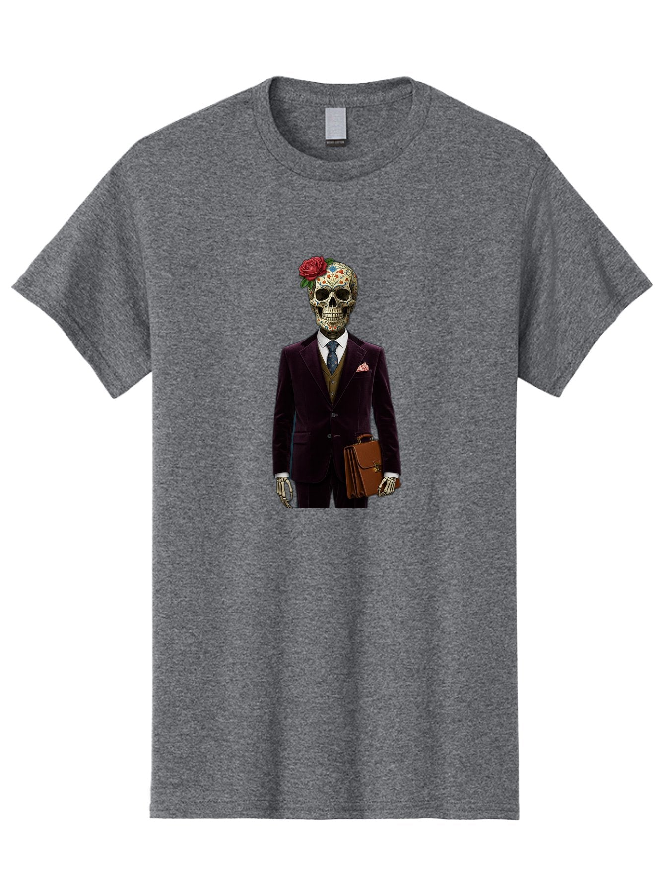 Sugar-Skull-Gentleman Men'S Graphic Tee, 100% Cotton, Comfortable Casual Summer Wear, Machine Washable, Sugar Skull, Businessman Attire, Formal Wear, Briefcase, Day Of The Dead, Colorful Skull, Decorated Skull, Skeleton Hand, Formal Suit, Bad784 12
