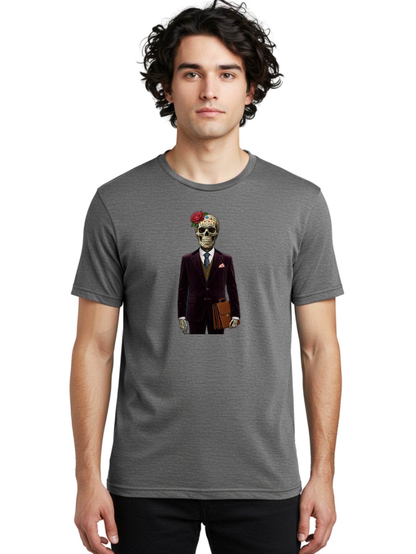 Sugar-Skull-Gentleman Men'S Graphic Tee, 100% Cotton, Comfortable Casual Summer Wear, Machine Washable, Sugar Skull, Businessman Attire, Formal Wear, Briefcase, Day Of The Dead, Colorful Skull, Decorated Skull, Skeleton Hand, Formal Suit, Bad784 28